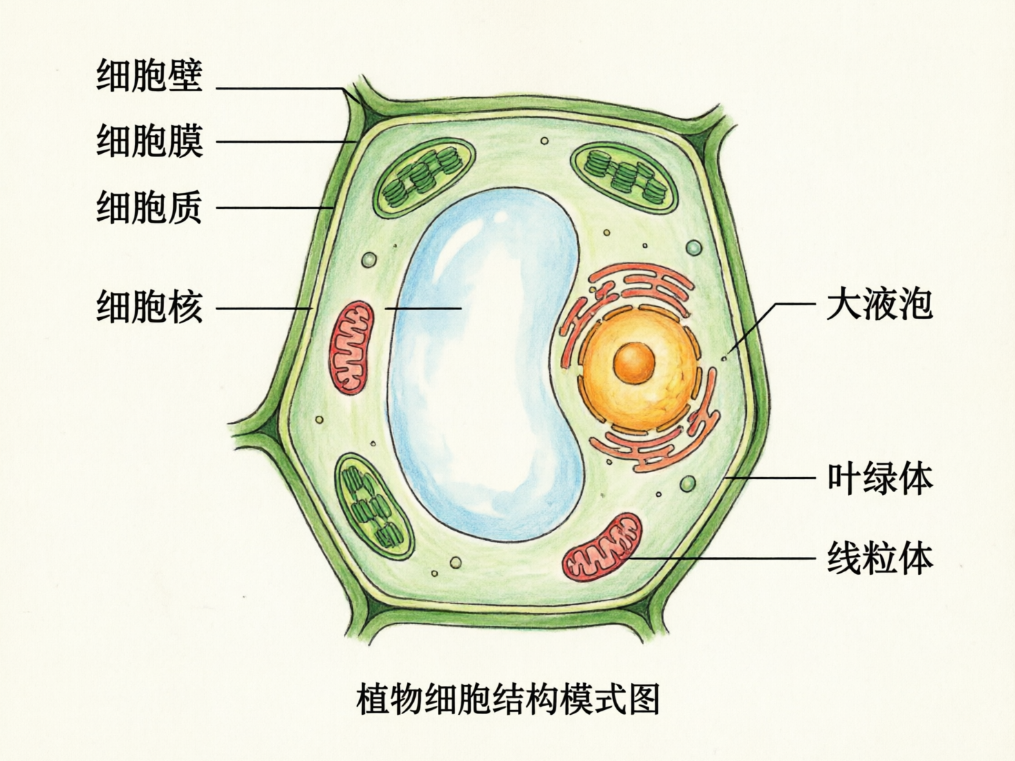 图中展示了一张植物细胞结构的科学模式图，采用手绘水彩风格，整体色调以清新自然的绿色、淡蓝色和橙色为主。画面中央是一个巨大的浅蓝色液泡，占据了大部分空间。液泡右侧是一个圆形的橙黄色细胞核，周围环绕着红色的内质网状结构。细胞内还分布着绿色的叶绿体和红色的线粒体。整个细胞由厚实的绿色细胞壁包裹，内侧有一层薄薄的细胞膜。

作为 AI 生成的图片，该图存在明显的逻辑与标注错误：首先，文字标注与指向线严重错位，例如左侧的“细胞核”标签指向了细胞壁，右侧的“大液泡”标签指向了细胞核周围的空隙，而“叶绿体”标签则指向了空白的细胞质区域。其次，部分细胞器的形态不够严谨，如线粒体内部的嵴分布较为随意。此外，画面背景有轻微的杂色斑点，底部的标题文字虽然清晰，但整体构图在科学教学用途上因标注错误而具有误导性。