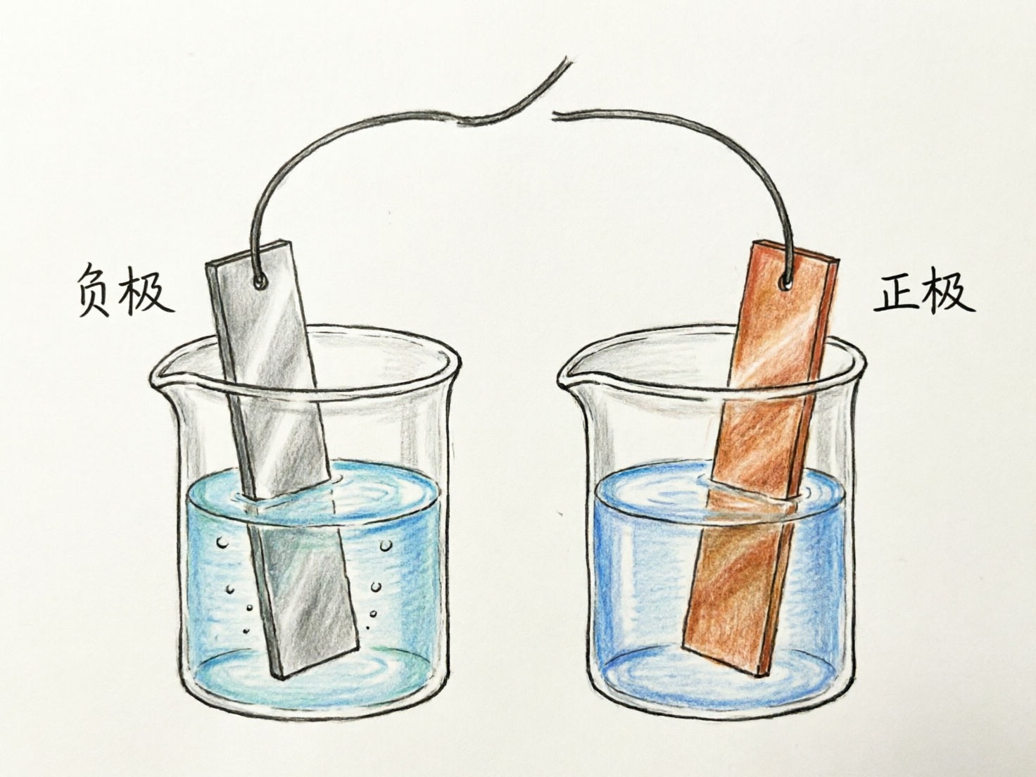 图中展示了一幅手绘风格的原电池实验示意图。画面背景为纯白色，中心并排放置着两个透明的玻璃烧杯，杯中盛有蓝色的透明液体。左侧烧杯中插有一块灰色的长方形金属板，旁边标注着黑色手写体文字“负极”；右侧烧杯中插有一块橙红色的金属板，标注为“正极”。两块电极板的顶端各连接着一根黑色的细导线，导线向中间延伸但并未相连，呈现断开状态。

作为 AI 生成的图像，画面存在明显的逻辑与透视缺陷：首先，两个烧杯之间缺乏形成闭合回路所必需的“盐桥”，这在真实的化学实验中是无法产生电流的。其次，导线在中间生硬地断裂，且断口处的线条走向不自然。此外，烧杯的杯口边缘线条略显抖动，左侧金属板在液体中的折射透视关系不够准确，液体表面的波纹处理也较为机械。尽管标注了正负极，但整体构图更像是一个不完整的科学概念草图。
