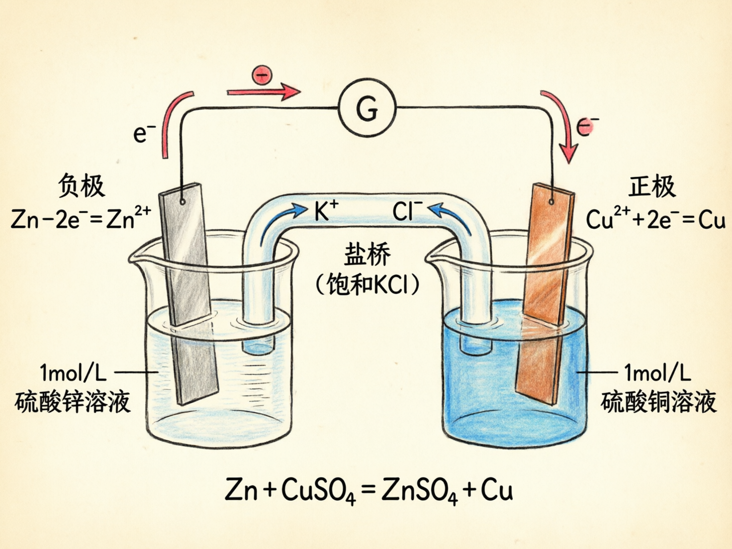 图中展示了一幅手绘风格的原电池实验示意图，背景为淡黄色的纸张质感。画面中心是两个透明烧杯，左侧烧杯盛有浅灰色液体（硫酸锌溶液），插入了一块灰色锌片作为负极；右侧烧杯盛有蓝色液体（硫酸铜溶液），插入了一块棕红色铜片作为正极。两个电极通过导线连接，中间串联着一个标有字母“G”的电流计。两个烧杯之间由一个倒置的 U 型管（盐桥）连接，内部标有钾离子和氯离子的移动方向。画面中配有详细的中文标注和化学方程式。

作为 AI 生成的图像，图中存在明显的逻辑和透视缺陷：首先，盐桥中离子的移动方向标注错误，钾离子应移向正极（右侧），氯离子应移向负极（左侧），但图中箭头指向完全相反；其次，导线与电极的连接方式显得生硬，缺乏真实的物理接触感；烧杯边缘的线条略显抖动，且盐桥插入液面的透视关系不够自然。
