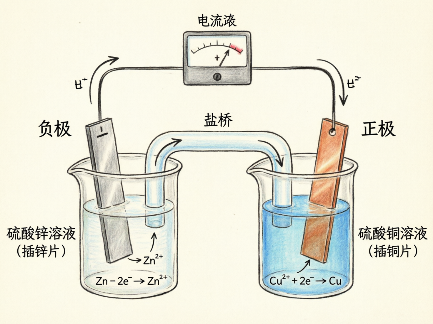 图中展示了一个手绘风格的原电池化学实验示意图。画面中心是两个透明玻璃烧杯，左侧烧杯盛有浅灰色液体，插有一块灰色锌片，标注为“负极”；右侧烧杯盛有蓝色液体，插有一块棕红色铜片，标注为“正极”。两个烧杯之间由一个倒置的 U 型透明“盐桥”连接。上方有一台简易电流表，通过导线与两极相连，表盘指针指向右侧。画面使用了柔和的淡黄色背景，并配有中文标注和化学方程式。

作为 AI 生成的图片，画面存在明显的逻辑和文字缺陷：最上方的文字本应为“电流表”，却错误地显示为“电流滚”；导线旁的电子符号显示为模糊且不规范的字符，而非标准的“e⁻”；盐桥在左侧烧杯中似乎悬浮在液面上方，缺乏真实的物理浸入感；此外，部分线条衔接处略显生硬，文字的排版位置也略有偏移，不符合严谨的科学教材规范。