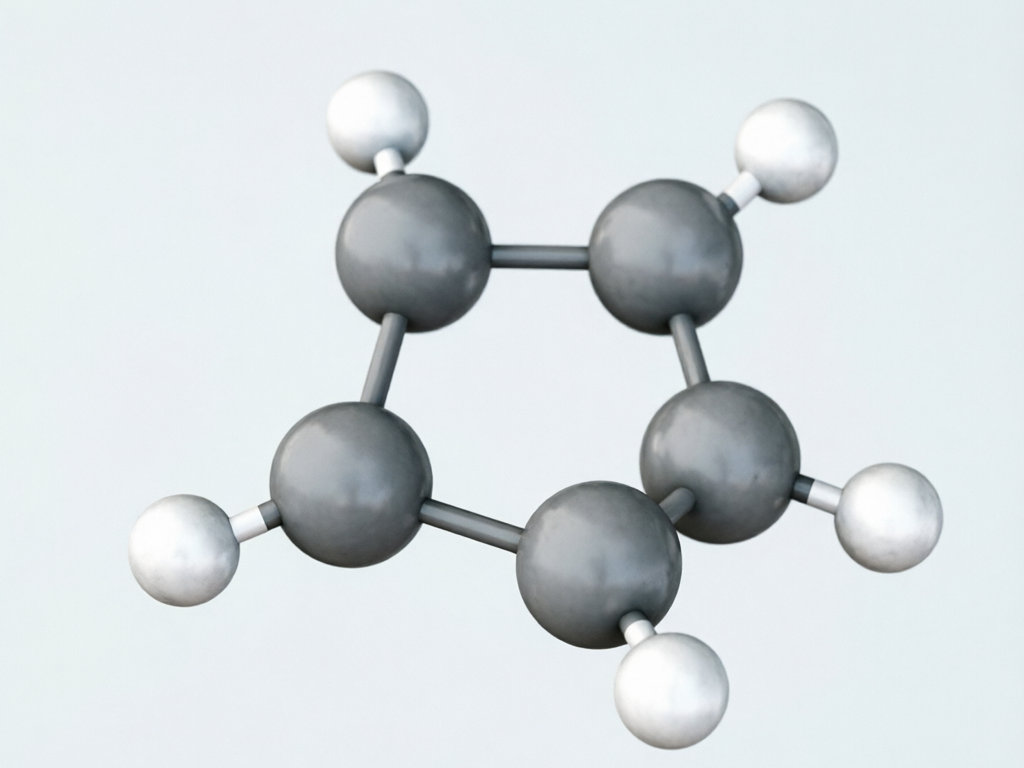 图中展示了一个悬浮在浅灰色背景下的化学分子模型，采用了经典的球棍模型风格。画面中心是由五个深灰色大球组成的环状结构，它们通过深灰色的短棍连接，形成了一个不规则的五边形。在五边形的外侧，连接着五个较小的白色球体。整体色调偏冷，光影处理细腻，球体表面带有金属或塑料般的平滑质感。

从 AI 生成的角度来看，该模型存在明显的科学逻辑错误和结构缺陷。首先，分子的几何对称性非常混乱，连接杆的长度和角度不一致，导致五边形看起来扭曲变形。其次，在化学常识中，碳原子通常连接两个氢原子形成环戊烷，或者在特定位置连接氢原子，而图中每个深色球体仅连接了一个白色球体，且分布位置随意，不符合真实的分子结构规律。此外，部分连接处显得生硬，缺乏真实的物理透视感。