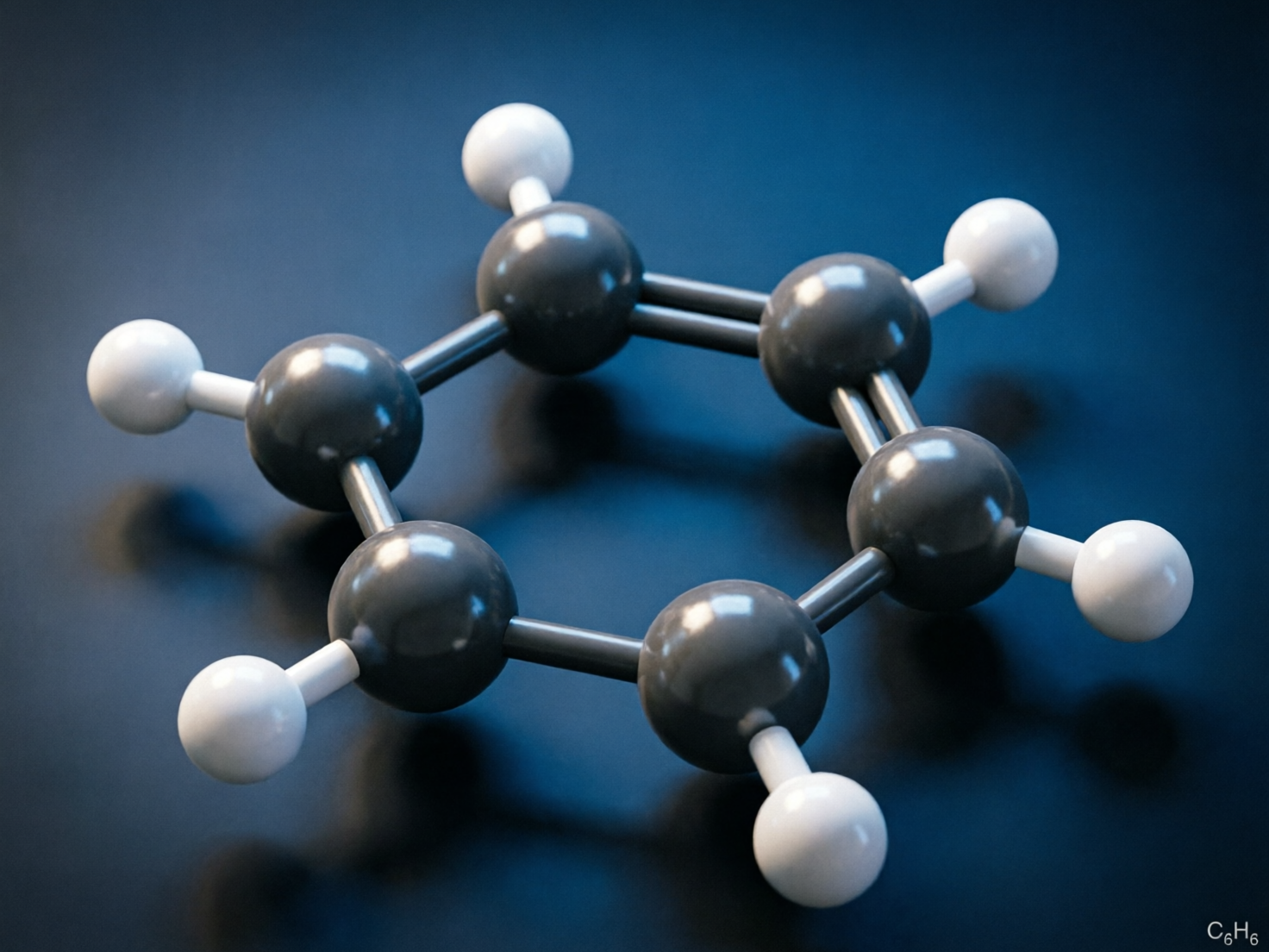 图中展示了一个模拟苯分子（C₆H₆）结构的球棍模型，放置在深蓝色的平滑背景上。画面中心是一个由六个深灰色大球组成的环状结构，代表碳原子，每个碳原子外侧连接着一个白色的小球，代表氢原子。整体色调偏冷，光影处理细腻，球体表面有明显的反光，营造出一种实验室或科技感的氛围。右下角标有化学式“C₆H₆”。

然而，作为 AI 生成的图像，该模型在化学结构上存在明显的逻辑错误。在真实的苯环结构中，碳原子之间应该是单双键交替或呈现大派键，而画面中的连接杆分布混乱：有的碳原子之间是单杆，有的是双杆，甚至出现了三根连接杆的情况。此外，部分连接杆的粗细不均，透视关系也略显生硬，未能准确还原真实的分子几何对称性。