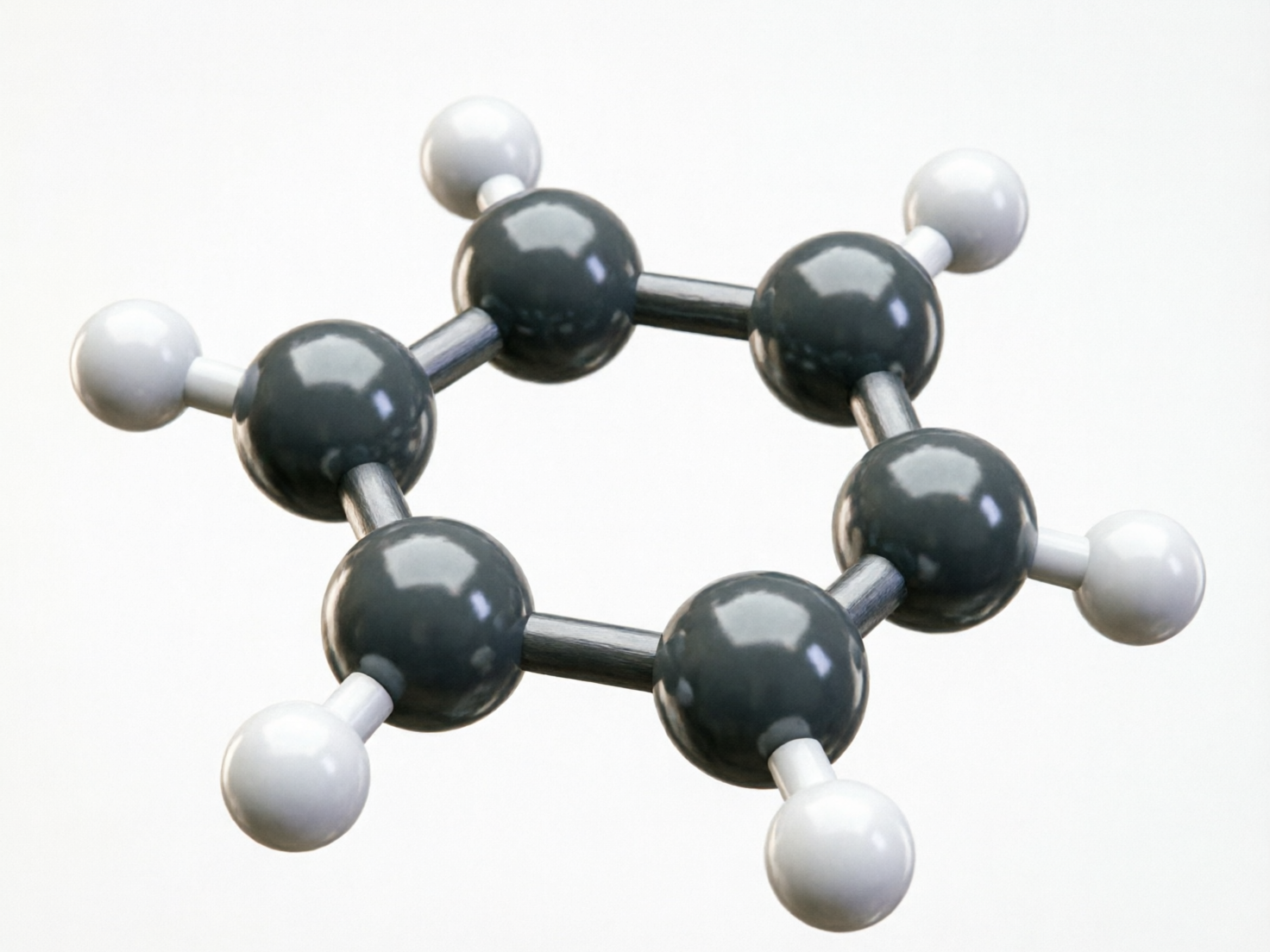 图中展示了一个悬浮在纯白色背景下的分子球棍模型。该模型试图表现苯环（C6H6）的结构，由六个较大的深灰色球体（代表碳原子）连接成一个环状，每个深灰色球体外侧各连接着一个较小的白色球体（代表氢原子）。球体表面具有平滑的高光反射，呈现出类似塑料或金属的质感。

然而，画面中存在明显的 AI 生成逻辑错误和透视异常。首先，分子结构并不对称，中间的环状结构并非标准的正六边形，连接杆的粗细和长短不一。最明显的缺陷在于左侧和底部的连接处：左侧两个碳原子之间的连接杆显得扭曲且模糊，而底部两个碳原子之间竟然缺失了连接杆，导致模型在物理逻辑上是断开的。此外，部分白色小球与深色大球的连接点位置偏移，不符合真实的化学分子结构规律。