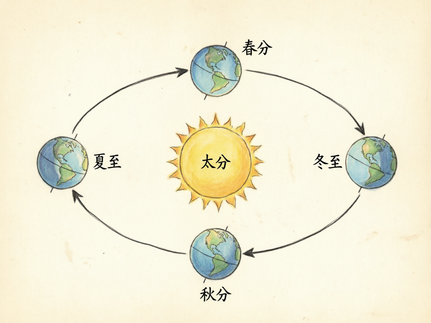 图中展示了一幅手绘风格的地球公转示意图，背景是带有复古质感的米黄色纸张。画面中央是一个散发着黄色光芒的圆形太阳，其中心写有“太分”二字。太阳四周分布着四个地球模型，分别代表四个节气，并由带箭头的黑色椭圆轨道线连接。上方地球标注为“春分”，下方为“秋分”，左侧为“夏至”，右侧为“冬至”。地球被描绘为蓝绿相间的球体，并画有倾斜的地轴。

这张图片存在明显的 AI 生成缺陷和科学逻辑错误：首先，太阳中心的文字应为“太阳”，却错误地写成了“太分”；其次，根据地理常识，地球公转的节气顺序与图中箭头指示的方向完全相反（图中箭头为顺时针，而实际应为逆时针）；此外，四个地球上的陆地轮廓完全一致，且地轴倾斜方向在公转过程中没有保持平行，不符合物理规律；文字的排版也略显生硬，与手绘线条的融合感欠佳。