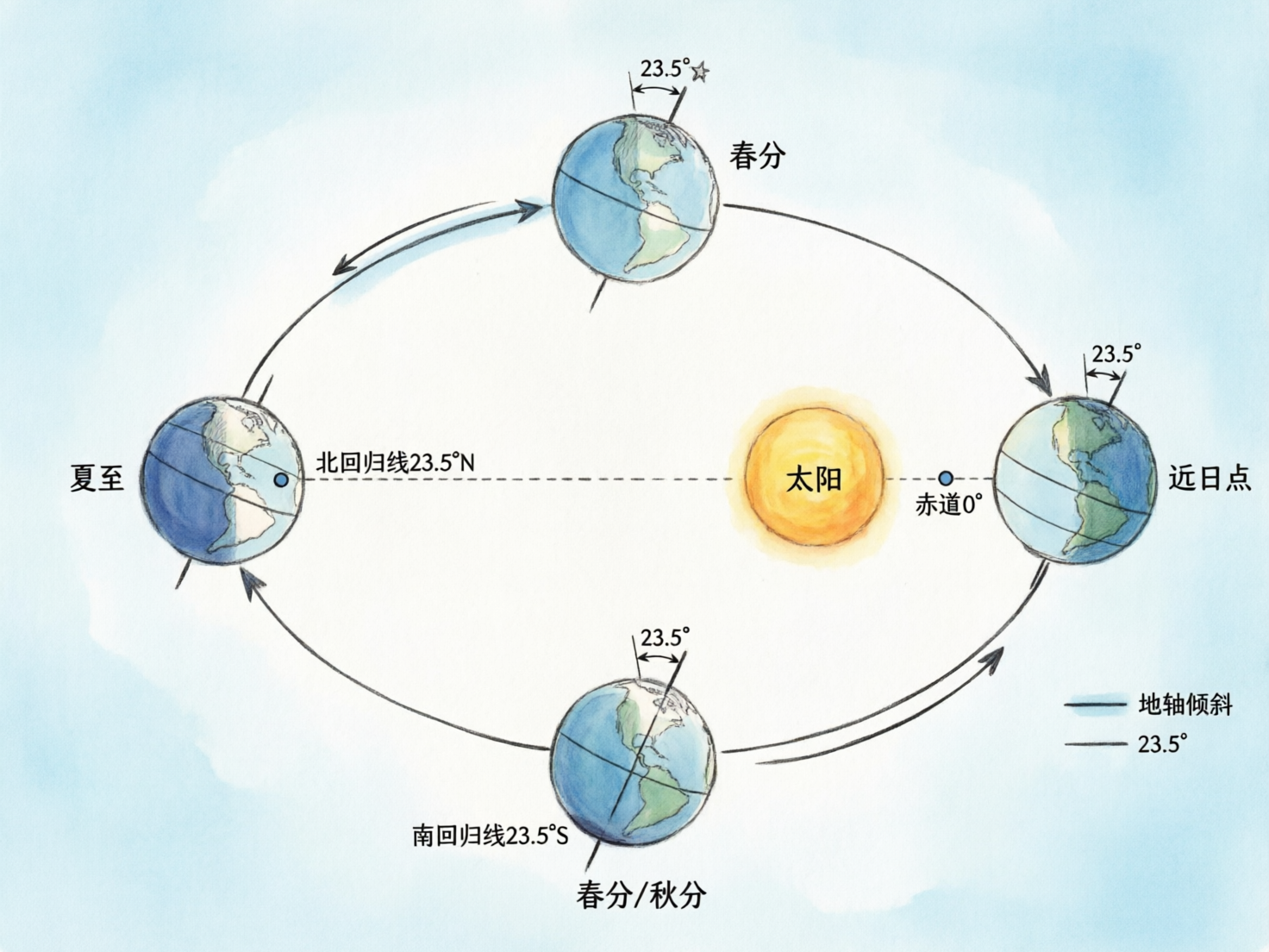 图中展示了一幅手绘风格的地球公转示意图，背景为淡蓝色的水彩晕染效果。画面中央偏右是一个发光的黄色太阳，四个地球模型分布在椭圆轨道的不同位置，分别标注了春分、夏至、秋分和近日点等节气。地球以蓝色和绿色为主，并画出了倾斜的地轴。然而，作为一张 AI 生成的图片，其科学逻辑存在严重错误：首先，公转轨道上的节气标注混乱，底部同时出现了“南回归线”与“春分/秋分”的矛盾标注，且右侧本应是冬至的位置被错误标注为“近日点”；其次，文字排版存在重叠和逻辑偏差，如“赤道0°”的标注位置与虚线连接不当；地轴的倾斜方向在不同位置没有保持平行，违背了天文常识。此外，部分线条连接处显得生硬，箭头指向也略显随意，整体更像是一张具有视觉美感但缺乏科学准确性的教学插图。