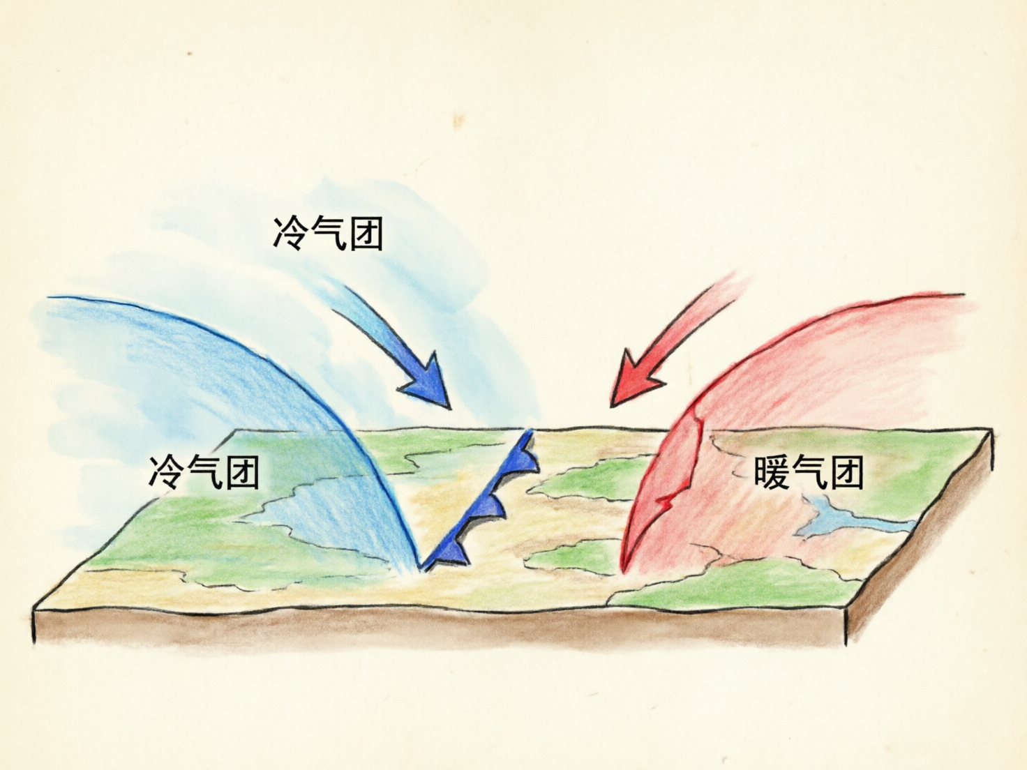 图中展示了一幅手绘风格的气象原理示意图，背景为米白色的纸张质感。画面中心是一个呈透视角度的矩形地面模型，上面绘有绿色的陆地和蓝色的水体。在地面上方，左侧有两个蓝色的箭头和色块，标注为“冷气团”，代表冷空气正向右下方推进；右侧有一个红色的箭头和色块，标注为“暖气团”，代表暖空气。冷暖气团在地面交汇处形成了一道带有蓝色三角形锯齿的锋线。

从 AI 生成的角度来看，画面存在明显的逻辑和细节缺陷：首先，文字虽然是中文，但“冷气团”出现了两次，且字体与手绘背景略显违和；其次，锋面的表达不规范，蓝色锯齿线（冷锋符号）与红色暖气团的交界处结构混乱，红色色块在接触地面时出现了破碎和不自然的断裂；最后，地表模型的透视关系不够严谨，边缘线条略显歪斜，整体呈现出一种模仿教材插图但细节经不起推敲的 AI 生成特征。