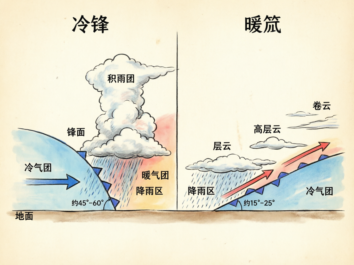 图中展示了一张手绘风格的气象学示意图，对比了冷锋和暖锋的形成原理。画面背景为淡雅的米黄色，中间由一条竖线分为左右两部分。左侧标注为“冷锋”，显示蓝色冷气团呈陡峭坡度推向暖气团，上方伴有高耸的积雨云和密集的降雨线；右侧标注为“暖筑”，展示暖气团沿平缓坡度爬升，上方分布着层云、高层云和卷云。画面使用了蓝、红、白等低饱和度色彩，线条带有铅笔素描的质感。

在 AI 生成缺陷方面，文字部分存在明显错误：右侧标题本应为“暖锋”，却被错误地生成为“暖筑”；左侧云层标注为“积雨团”，而标准术语通常为“积雨云”。此外，右侧暖锋示意图中，代表冷气团的蓝色界面上错误地出现了代表冷锋的蓝色三角形锯齿符号，这在气象图示中是不准确的，且部分降雨线条穿透了云层边缘，显得不够自然。