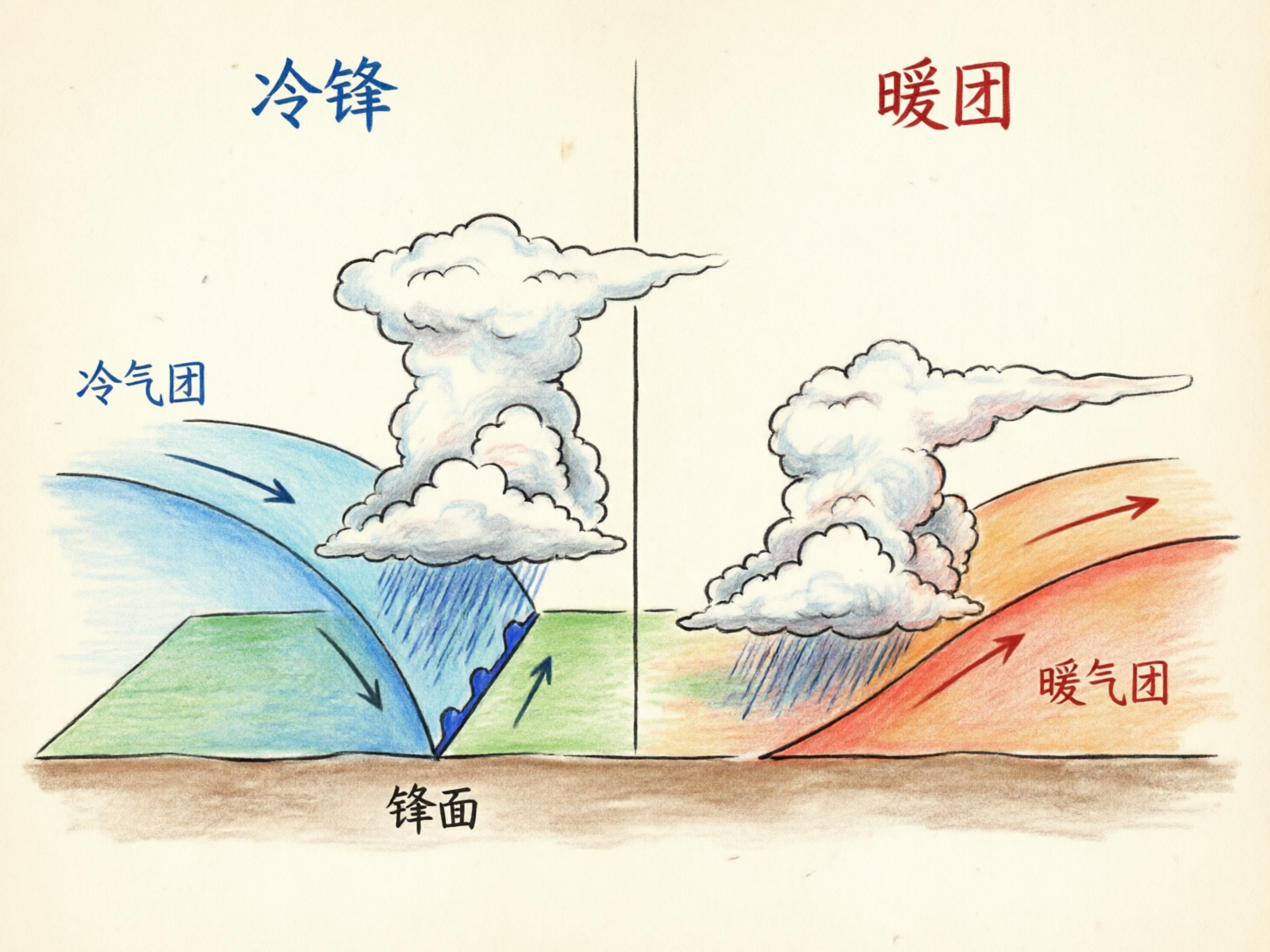 图中展示了一幅手绘风格的气象科学示意图，背景为米白色纸张质感。画面被中间的一条黑线分为左右两部分，分别演示冷锋和暖锋的天气系统。左侧标注有蓝色文字“冷锋”和“冷气团”，显示蓝色冷气团呈楔形插入绿色地表下方，上方伴有高耸的积雨云和降雨线条；右侧标注有红色文字“暖团”（应为暖锋）和“暖气团”，显示红色暖气团沿坡面爬升，同样伴有云层和降雨。画面构图清晰，色彩以红、蓝、绿为主，具有明显的教学演示特征。

在 AI 生成的细节方面存在几处明显的逻辑和文字错误：首先，右上角的标题文字将“暖锋”误写成了“暖团”；其次，左侧冷锋示意图中，地表绿色的色块出现断裂，且冷气团下方的箭头指向与锋面移动逻辑不符，显得较为混乱；此外，云层的阴影处理略显生硬，部分线条在交界处衔接不自然，体现了 AI 在处理专业图表逻辑时的局限性。