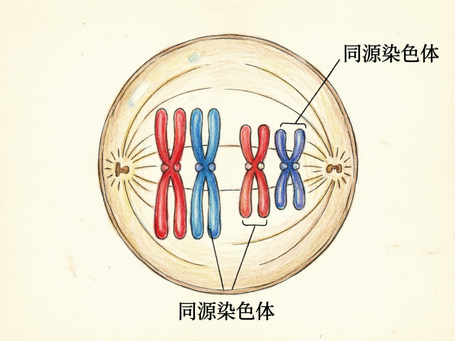 图中展示了一幅模拟生物细胞减数分裂过程的手绘风格示意图。画面中央是一个圆形的细胞，背景为米白色。细胞内部排列着两对同源染色体，左侧的一对体型较大，右侧的一对较小。每对染色体均由一个红色和一个蓝色的染色单体组成，呈现出细长的“X”形。细胞两侧各有一个发散状的中心体，并延伸出细微的纺锤丝连接着染色体。画面上方和下方分别用黑色简体中文标注了“同源染色体”，并配有指引线。

作为一张 AI 生成的科学示意图，画面存在明显的逻辑与细节缺陷：首先，标注线指向混乱，下方的指引线并未准确对准染色体，而是指向了细胞边缘和空白处；其次，染色体的结构表现不规范，连接处（着丝粒）的形状模糊且不统一；此外，背景中存在零散的蓝色色块和杂乱的笔触，纺锤丝的分布也显得随意，缺乏严谨的生物学透视关系。