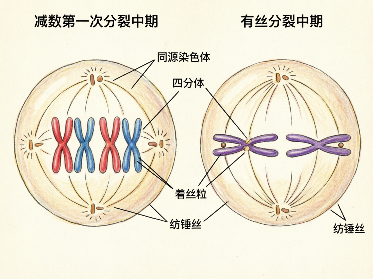 图中展示了两幅对比生物细胞分裂过程的手绘风格示意图，背景为淡米色。左侧圆圈标注为“减数第一次分裂中期”，内部有四对红蓝相间的染色体垂直排列在赤道板上，并有线条指向“同源染色体”和“纺锤丝”等标签。右侧圆圈标注为“有丝分裂中期”，内部有两个紫色的染色体水平排列。画面整体色调柔和，文字为简体中文。

作为 AI 生成的图片，图中存在明显的科学逻辑错误和绘图缺陷：首先，文字标注严重混乱，右图中指向单一染色体的标签错误地写成了“四分体”，且“着丝粒”的指向线位置偏移；其次，左图中的染色体排列方式不符合减数第一次分裂中期的典型特征（应为同源染色体成对排列）；此外，细胞两极的中心体形状不规则，纺锤丝的线条分布显得杂乱且不连贯，部分标注线条穿过了物体却无实际指向，缺乏严谨的教学参考价值。