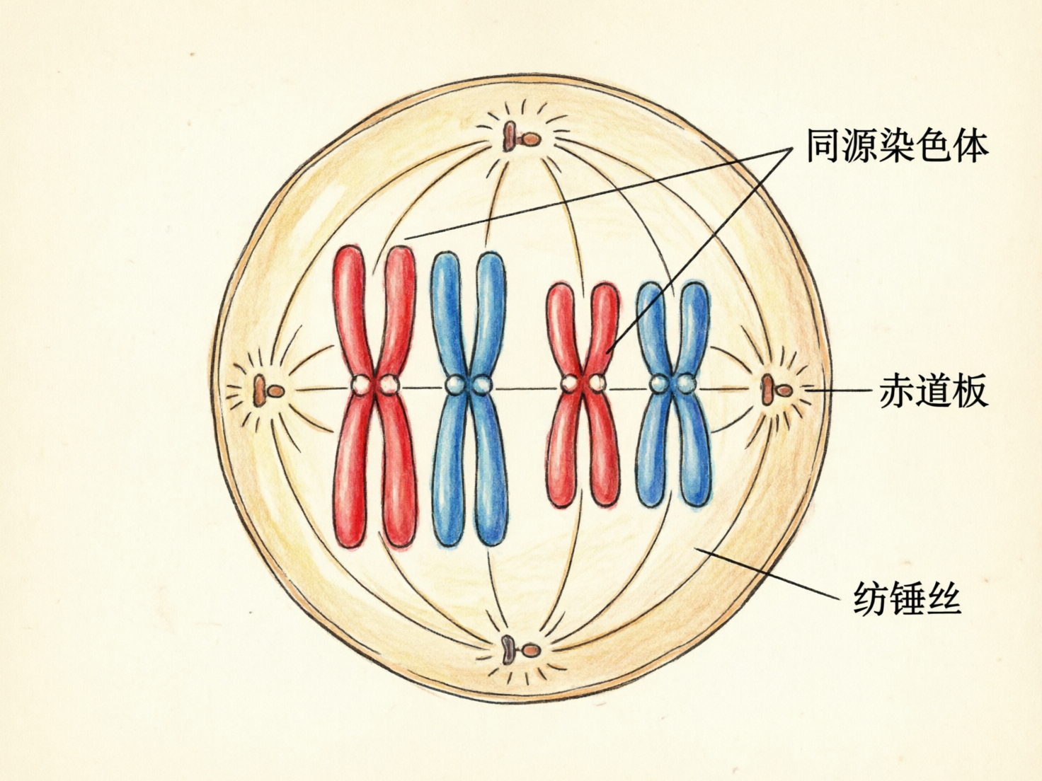 图中展示了一幅手绘风格的生物细胞分裂示意图，背景为淡黄色的复古纸张质感。画面中心是一个大圆圈，代表细胞，内部排列着两对呈“X”形的染色体，分别以红色和蓝色区分，用以表示同源染色体。细胞的上下左右四个方位各有一个深褐色的中心粒，并向中心散发出细长的线条，标注为“纺锤丝”。画面右侧有三行简体中文标注，分别是“同源染色体”、“赤道板”和“纺锤丝”，并带有指向对应位置的引线。

作为 AI 生成的图片，画面存在明显的逻辑与科学性缺陷：首先，细胞中同时出现了四个中心体（上下左右各一个），而正常的细胞分裂通常只有两个极点；其次，标注为“赤道板”的引线指向了侧边的中心体，但在生物学中，赤道板是指细胞中央的假想平面，而非具体的物理结构；此外，纺锤丝的分布显得杂乱且不符合力学逻辑，部分线条与染色体的连接方式模糊不清，文字笔画略显生硬。