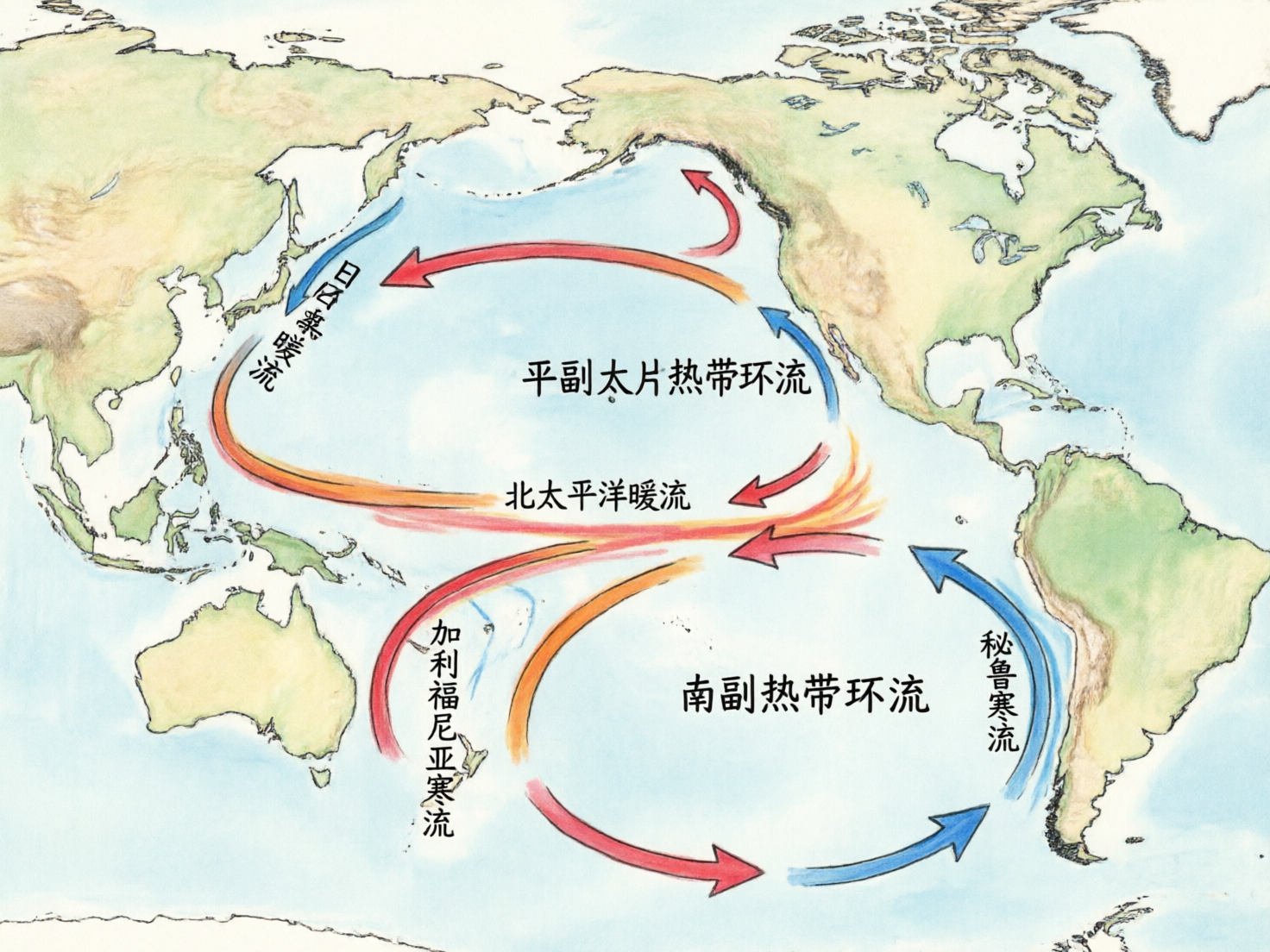 画面中展示了一幅手绘风格的世界地图，重点描绘了太平洋洋流的循环示意图。背景是浅蓝色的海洋和淡绿、浅棕色交织的陆地，整体色调柔和，带有水彩质感。画面中心分布着多个红色、橙色和蓝色的粗大箭头，分别代表暖流和寒流，并标注了中文名称。然而，这张 AI 生成的图片存在严重的地理逻辑和文字错误：首先，文字标注极度混乱，例如将北半球的洋流标注为“平副太片热带环流”，文字顺序和逻辑不通；地理位置完全错位，本应在北美西海岸的“加利福尼亚寒流”被标注在了澳大利亚东侧，而本应在南美西海岸的“秘鲁寒流”位置也存在偏差。此外，地图轮廓虽然大致像世界地图，但细节处如亚洲东部和群岛的形状非常模糊且不准确，箭头的指向也与实际地理科学中的洋流循环规律相悖，是一张具有误导性的示意图。