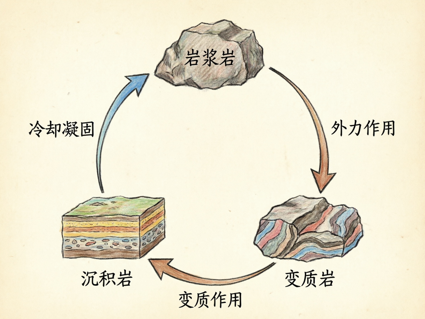 图中展示了一幅手绘风格的地质循环示意图，背景为淡米黄色的纸张质感。画面由三种岩石样本和连接它们的三个弧形箭头组成，形成一个三角形的循环结构。顶部是一块灰褐色的“岩浆岩”；右下角是具有彩色褶皱纹理的“变质岩”；左下角是一个展示地层层理的立方体“沉积岩”。箭头旁标注了地质演变过程，如“冷却凝固”、“外力作用”和“变质作用”。

在 AI 生成的细节方面，存在明显的逻辑和透视错误：首先，文字标注与科学常识不符，例如从沉积岩指向岩浆岩的箭头标注为“冷却凝固”，且箭头方向与常规的地壳物质循环逻辑有出入；其次，左下角的沉积岩立方体透视略显生硬，边缘线条不够平直；右侧变质岩的彩色条纹分布过于杂乱，缺乏自然的岩层质感。整体构图虽然清晰，但作为教学参考时需注意其科学性偏差。