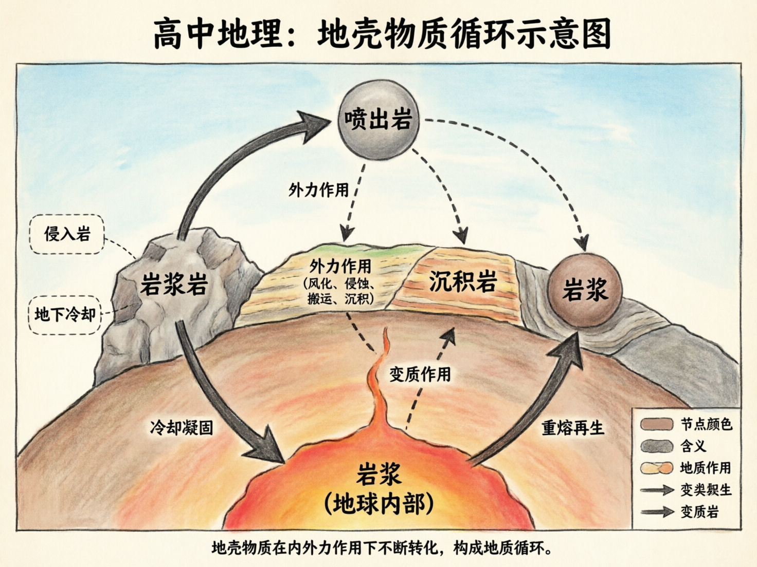 图中展示了一幅关于“地壳物质循环”的地理教学示意图，采用手绘插画风格。画面中心是一个半圆形的地球剖面，底部是红黄相间的炽热岩浆，上方覆盖着棕色的地壳层。地表分布着岩浆岩、沉积岩等不同地貌，并通过黑色实线和虚线箭头连接，标示出冷却凝固、外力作用、变质作用和重熔再生等转化过程。背景为淡蓝色的天空，顶部有醒目的黑色标题。

作为一张 AI 生成的图片，画面中存在明显的逻辑和文字缺陷。首先，地理科学逻辑混乱：右侧圆球被标注为“岩浆”，但在循环模型中，岩浆应位于地下而非地表圆球；右下角的图例文字出现严重逻辑错误，如“变类契生”和将“变质岩”标注为箭头，均不符合学术规范。此外，部分线条连接生硬，文字排版略显拥挤，且存在重复标注“外力作用”的情况。尽管色彩分明，但作为教学参考时需谨慎辨别其内容的准确性。