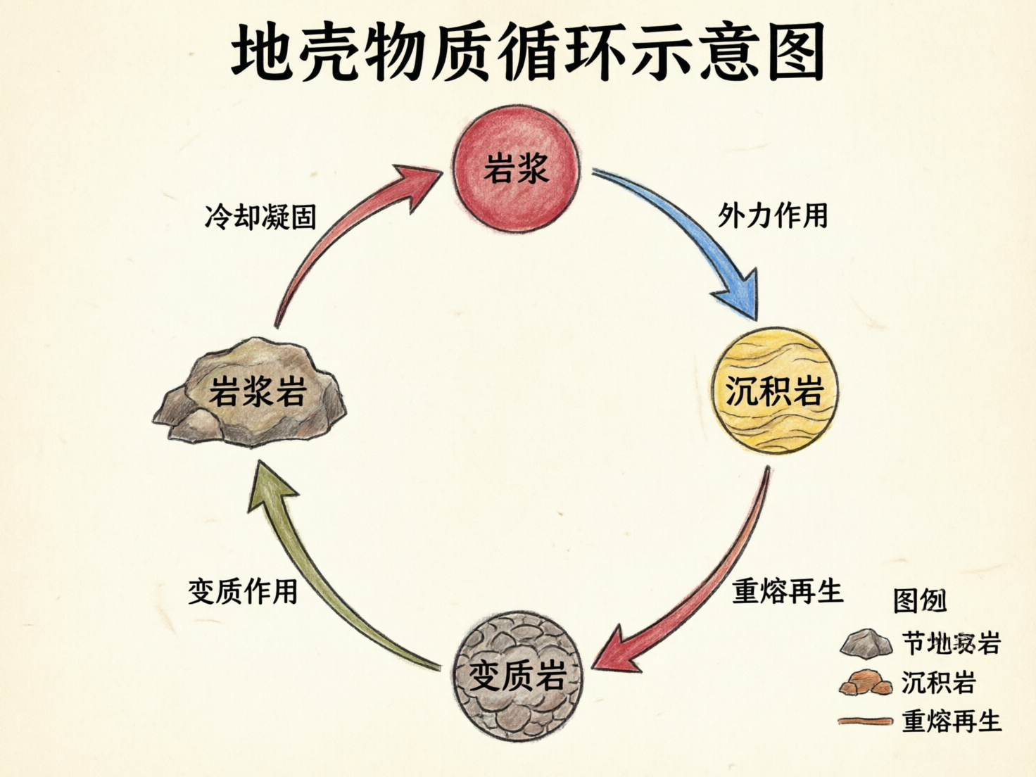 画面中展示了一张关于“地壳物质循环”的教学示意图。背景为淡米色的纸张质感，中央由四个圆形或岩石形状的图标组成一个环形循环。顶部是红色的“岩浆”，顺时针方向依次是黄色的“沉积岩”、灰色的“变质岩”以及一块不规则形状的“岩浆岩”。各元素之间由带有文字说明的彩色箭头连接。

然而，这张 AI 生成的图片存在明显的逻辑和文字错误。首先，箭头的指向完全背离了地理常识：例如，从岩浆岩指向岩浆的箭头标注为“冷却凝固”，而实际上岩浆冷却应生成岩浆岩；从沉积岩指向变质岩的箭头标注为“重熔再生”，这在科学上是错误的。此外，右下角的图例出现了明显的文字乱码，将岩浆岩误写为“节地寂岩”，且图例中的图标与主图并不匹配。整体构图虽然清晰，但作为教学工具，其科学逻辑和文字准确性存在严重缺陷。