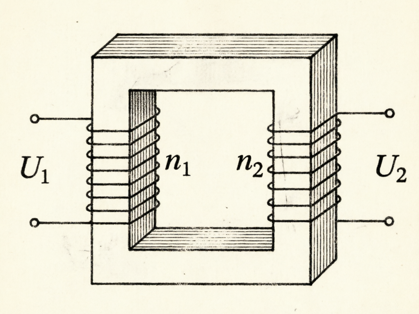 画面中展示了一张模拟教科书风格的变压器原理示意图。背景为米白色，带有细微的纸张质感。中心是一个由多层硅钢片叠成的矩形铁芯，呈现出三维透视效果。铁芯的左右两个垂直边上分别缠绕着线圈。左侧线圈旁标注有符号 U1 和 n1，代表初级电压和匝数；右侧线圈旁标注有 U2 和 n2，代表次级电压和匝数。线条采用黑色手绘风格，带有阴影排线以增加立体感。

然而，图中存在明显的 AI 生成缺陷：首先，左右两侧的线圈结构逻辑混乱，导线在绕过铁芯时并没有形成连续的螺旋路径，而是断裂成了一组组互不相连的半圆环，且与外部引线的连接方式不符合物理常识。其次，铁芯的透视关系不严谨，内部矩形孔洞的深度阴影与外框的厚度表现不一致。此外，文字 U2 的下标数字 2 形状略显扭曲，且背景中散布着一些不规则的灰色污迹，这些都是典型的 AI 生成痕迹。
