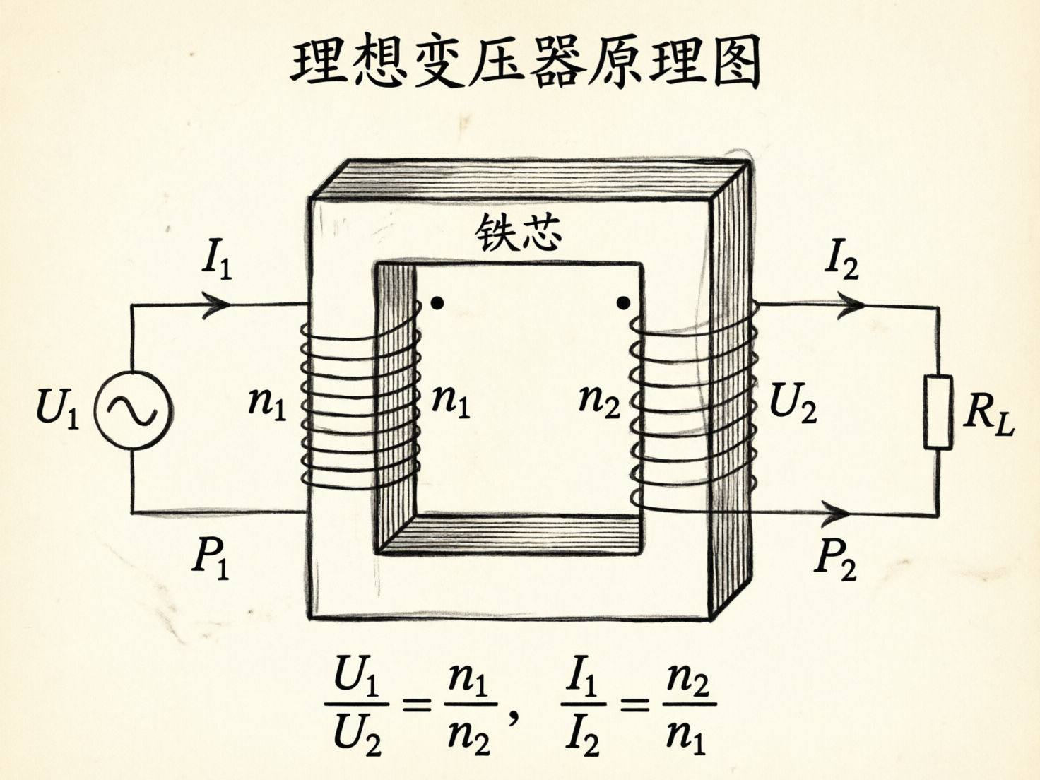 图中展示了一张“理想变压器原理图”，背景为带有轻微污渍和褶皱感的米白色仿纸张质地。画面中央是一个矩形环状的铁芯，左右两侧分别缠绕着表示初级和次级线圈的黑色线条。左侧连接着交流电源符号，标注有电压U1、电流I1和功率P1；右侧连接着负载电阻RL，标注有U2、I2和P2。图片上方有手写体风格的中文标题，下方列出了变压器的电压比与电流比公式。

作为一张 AI 生成的图片，画面存在明显的逻辑与绘图缺陷：首先，左右两侧的线圈绕线方式极不自然，线条像是直接浮在铁芯表面而非真实缠绕，且线条的交汇处笔触混乱；其次，文字标注存在逻辑错误，铁芯左侧同时出现了两个“n1”标注，且位置重叠；此外，铁芯的透视关系不统一，内框与外框的厚度表现不一致，右侧导线与线圈的连接处也显得断裂或模糊，不符合严谨的物理电路图规范。