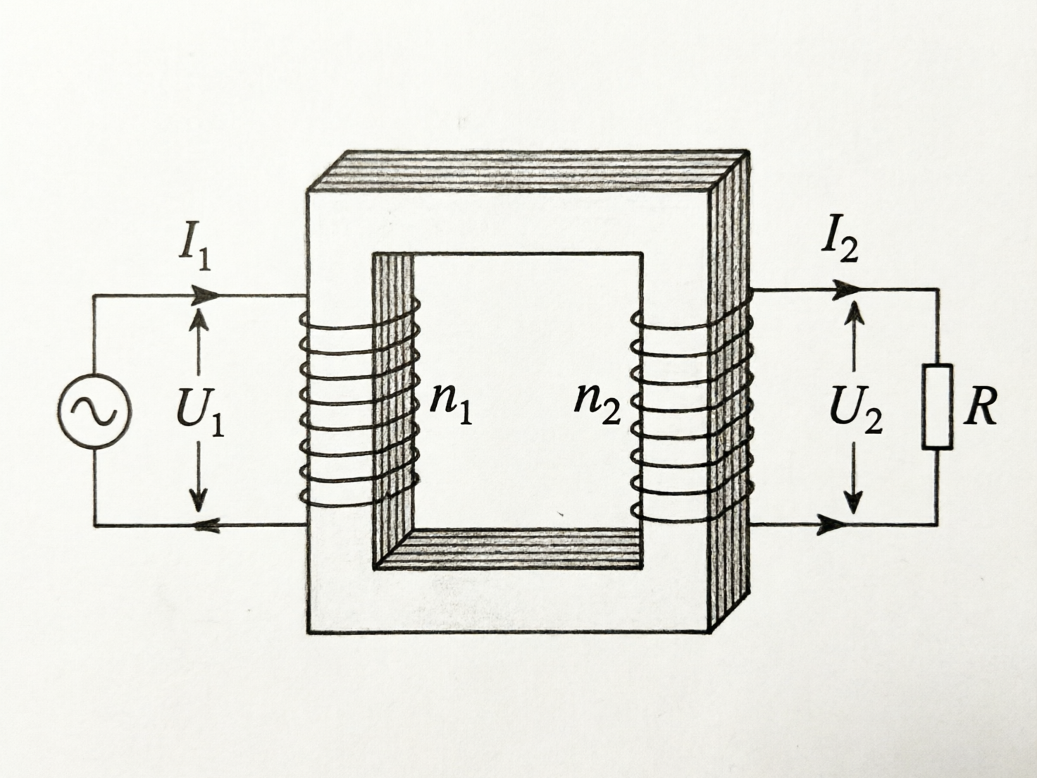 图中展示了一张模拟手绘风格的理想变压器原理示意图。画面中心是一个矩形的铁芯，呈现出由多层薄片叠压而成的三维质感。铁芯的左侧支柱上缠绕着初级线圈，标注为 n1，连接着一个带有波浪符号的交流电源，并标有电压 U1 和电流 I1；右侧支柱上缠绕着次级线圈，标注为 n2，连接着一个矩形电阻 R，并标有电压 U2 和电流 I2。整幅图以黑白线条为主，背景为纯净的浅灰色纸张质感。

在 AI 生成的细节方面，存在一些明显的逻辑和透视缺陷：首先，左右两侧线圈的缠绕方式不够严谨，线条在铁芯边缘的转折处显得有些生硬且不连贯，未能清晰表现出导线环绕铁芯的前后空间关系。其次，右侧次级线圈 n2 处的电流 I2 箭头方向与回路闭合逻辑略显模糊。此外，铁芯顶部的叠片纹理在透视上略有扭曲，线条粗细分布不均，具有典型的 AI 模拟手绘痕迹。