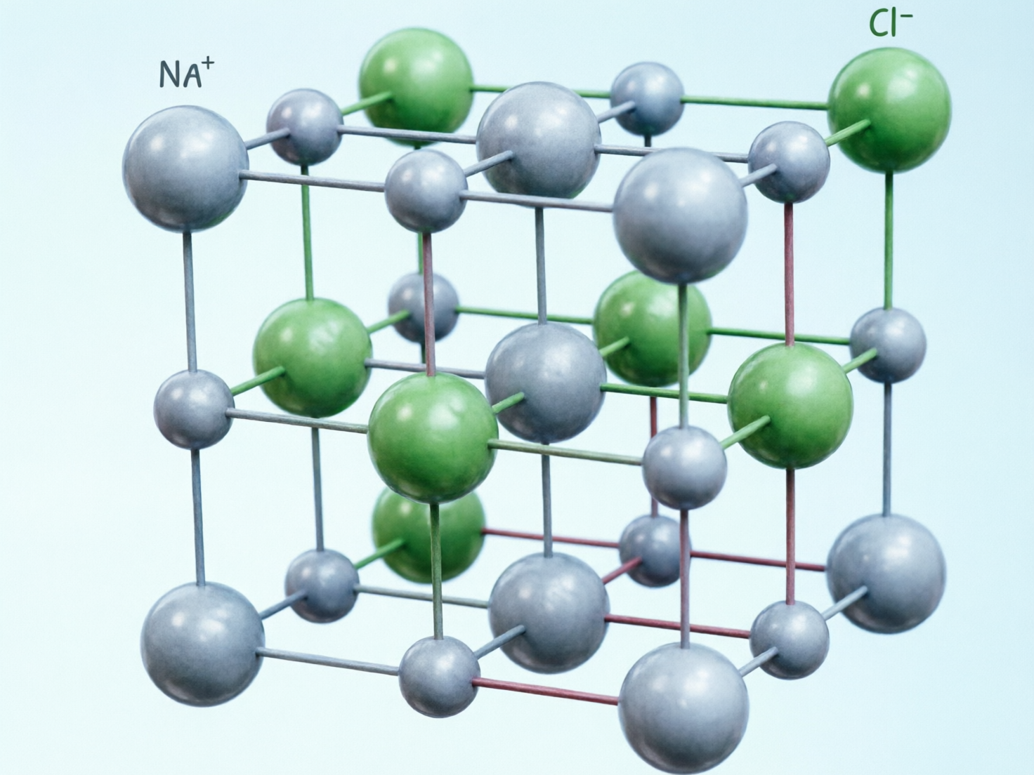 画面中展示了一个模拟氯化钠（食盐）晶体结构的立方体模型，背景为淡蓝色。模型由许多球体和连接它们的细杆组成，球体分为两种颜色：较大的绿色球体散布在各处，较小的灰色球体占据了其余位置。左上角标有“NA+”字样，右上角标有“Cl-”字样。整体构图呈现出一种科学教学工具的风格，光影处理让球体看起来具有金属或塑料的质感。

然而，作为 AI 生成的图像，该模型存在明显的科学逻辑和几何错误。首先，文字标注与科学常识相反，通常钠离子（Na+）半径较小，氯离子（Cl-）半径较大，但图中文字指向却暗示灰色小球为钠；且“NA+”的“A”应为小写“a”。其次，晶体结构混乱，连接杆的逻辑不一致，部分线条在空间中交错重叠，没有形成标准的立方晶格。此外，部分球体的大小比例不统一，连接处出现了透视扭曲，导致整个立方体看起来结构不稳定且不符合真实的物理规律。