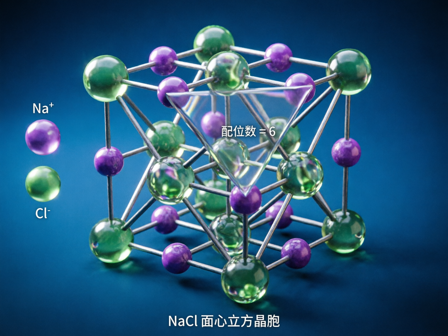 图中展示了一个氯化钠（NaCl）面心立方晶胞的 3D 模拟模型，背景为深蓝色。模型由许多紫色和绿色的半透明球体组成，球体之间通过银色的细杆连接，构成一个立方体框架。左侧标注显示紫色球代表钠离子（Na+），绿色球代表氯离子（Cl-）。画面中央有一个透明的倒三角形几何体，并附有“配位数 = 6”的白色文字，底部则标有“NaCl 面心立方晶胞”。

作为 AI 生成的图片，画面存在明显的科学逻辑和结构缺陷：首先，晶体结构布局混乱，球体与连杆的连接方式不符合真实的面心立方几何规则，部分连杆穿插位置随意且透视扭曲；其次，左侧图例中钠离子与氯离子的球体大小几乎一致，且与主模型中的球体比例不统一；最后，中央的透明三角形与周围结构的遮挡关系生硬，整体构图虽有科技感，但在化学结构的严谨性上存在严重错误。