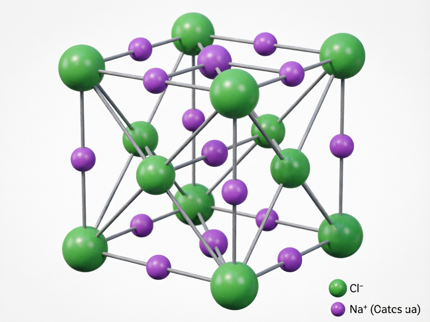 图中展示了一个氯化钠（NaCl）晶体结构的 3D 球棍模型，背景为纯白色。模型由两种颜色的圆球组成：较大的绿色圆球代表氯离子（Cl⁻），较小的紫色圆球代表钠离子（Na⁺）。这些圆球通过灰色的细杆连接，排列成一个立方的晶格形状。光线从左上方照射，使圆球表面带有明显的亮部和阴影，呈现出立体感。右下角设有图例，标注了两种颜色代表的离子。

然而，这幅 AI 生成的图片存在明显的科学逻辑错误和视觉缺陷。首先，在晶体结构中，连接杆的排列非常混乱，许多细杆的指向不符合立方晶系的几何规律，导致整体透视扭曲。其次，右下角的文字标注出现了严重的 AI 幻觉，钠离子的标注中出现了乱码字符「(Catcs ua)」，并非正确的化学术语。此外，部分圆球之间的连接方式不一致，有的悬空或重叠，未能准确还原真实的离子晶体空间结构。