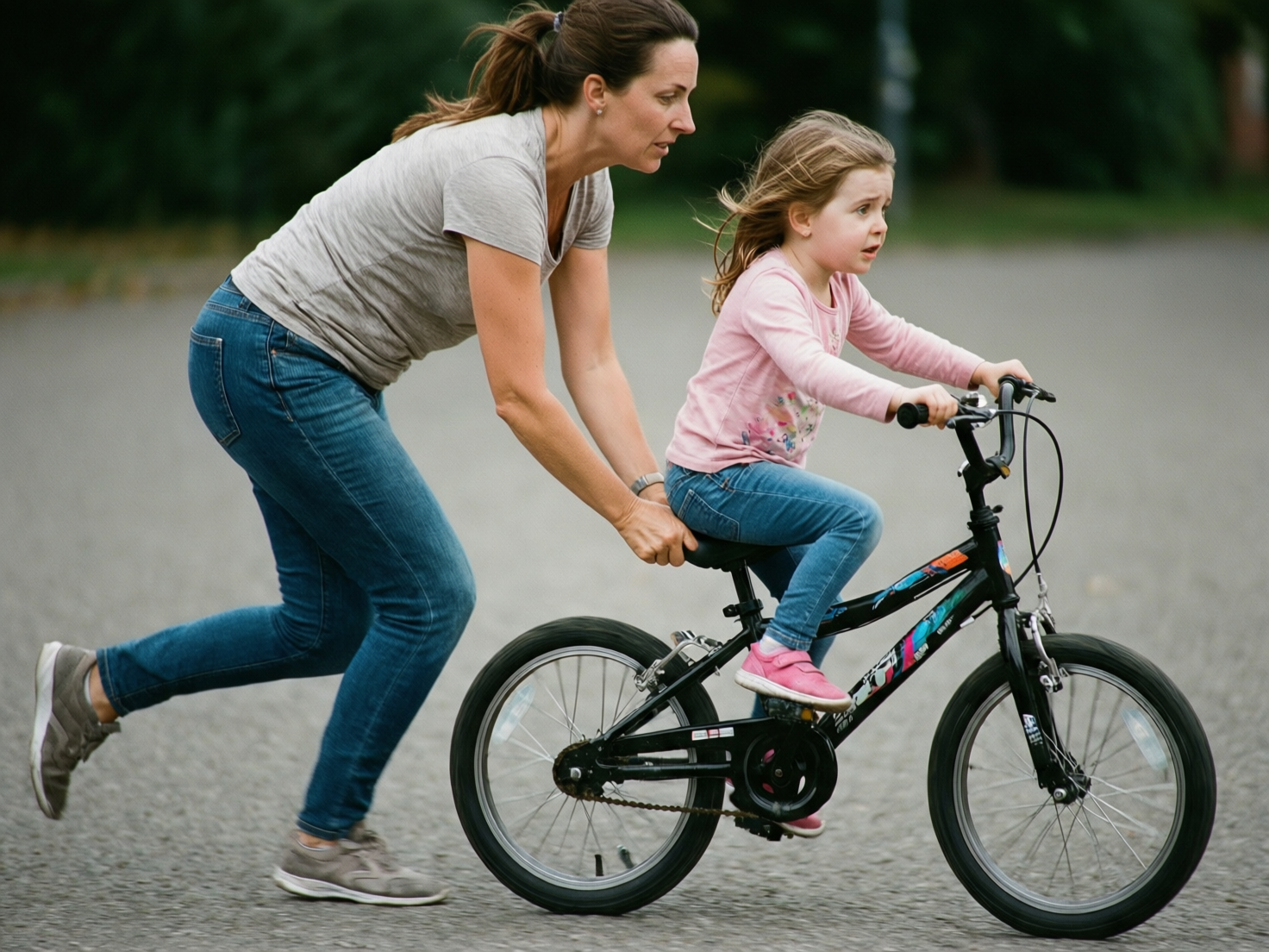 画面中展示了一个温馨但充满逻辑错误的瞬间：一位母亲正在户外柏油路上教小女孩骑自行车。母亲身穿灰色短袖和牛仔裤，正弯腰奔跑，双手扶着车座后部；小女孩穿着粉色长袖衫和牛仔裤，神情专注地握着车把。背景是模糊的绿色植被，整体色调自然。然而，画面存在多处明显的 AI 生成缺陷：最显著的是自行车的结构异常，车架中心完全缺失了连接脚踏板与车座的立管，导致车座悬浮在空中；母亲扶着车座的手部线条模糊，手指与车座融合在了一起；小女孩的左脚虽然踩在脚踏板上，但脚踏板并没有连接在车架的轴心上，而是独立悬挂。此外，自行车的链条连接方式不符合物理常识，前刹车线也杂乱地穿过车架。这些细节揭示了图片并非真实拍摄。