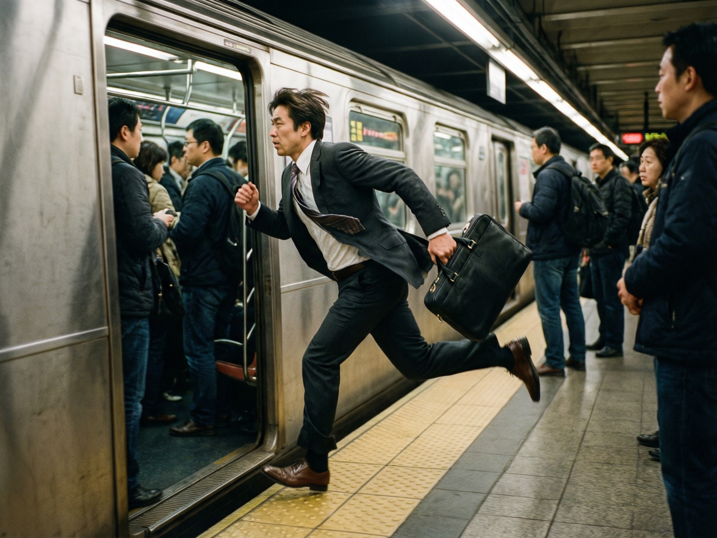 图中展现了一个繁忙的地铁站台场景。画面中心是一名身穿深灰色西装、白衬衫并系着领带的中年男子，他正神色匆忙地奔向一辆即将关门的地铁列车。他右手握拳，左手提着一个黑色公文包，双腿大步跨开，领带随风飘起，呈现出强烈的动感。背景是银灰色的金属车身，车厢内挤满了乘客，站台上也有几名穿着深色外套的行人正注视着他。整体色调偏冷，光线来自车站顶部的长条形日光灯。

画面中存在明显的 AI 生成缺陷：最显著的是奔跑男子的左手，手指结构模糊且与公文包手柄融合得极不自然，看起来只有三四根手指；他右脚穿的棕色皮鞋透视异常，鞋尖指向的角度与腿部发力方向不符。此外，背景中站立乘客的五官较为模糊，部分肢体线条与背景环境产生了不合理的重叠。