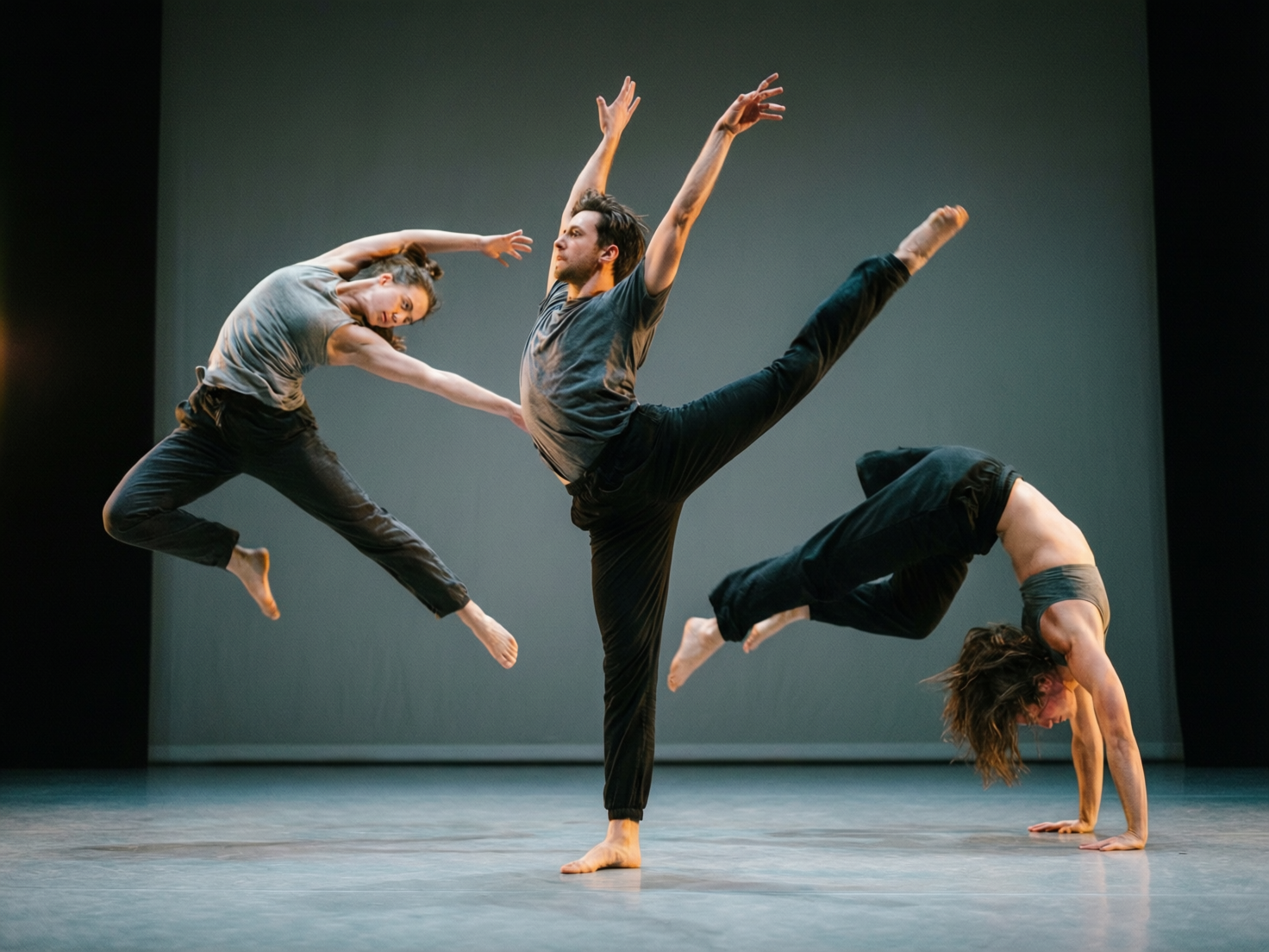 图中展示了三位舞者在简洁的灰色舞台背景下表演现代舞。画面中心是一位男性舞者，他单脚站立，另一条腿向斜上方高高踢起，双臂向上伸展，姿态舒展。左侧是一位女性舞者，正处于跃起腾空的瞬间，身体向后弯曲，呈现出极具动感的流线型。右侧另一位舞者则在进行倒立支撑，身体折叠，长发垂向地面。整体色调以冷灰色、深蓝色和黑色为主，营造出一种专业且专注的艺术氛围。

然而，画面中存在多处明显的 AI 生成缺陷。首先，中心男舞者高举的右手手指数量异常，且指节扭曲；他踢出的左脚脚趾模糊不清，呈现出融化的质感。左侧女舞者的右手掌心方向与手臂连接逻辑不符，显得十分僵硬。右侧倒立舞者的手部与地面接触处，手指轮廓重叠且结构混乱。此外，背景边缘与人物肢体的交界处存在轻微的重影，这些细节揭示了图片的非真实性。