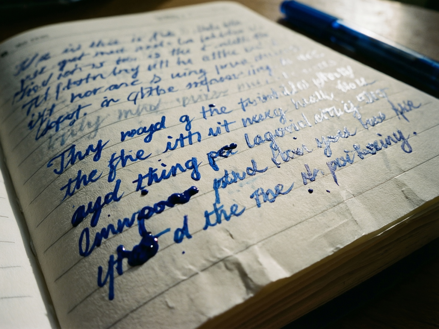 图中展示了一本打开的横线笔记本，背景中有一支模糊的蓝色圆珠笔。画面采用斜向构图，光线从右上方照射，在略显粗糙、带有褶皱的米白色纸张上投射出阴影。纸上写满了深蓝色的手写体文字，笔迹看起来像是用钢笔书写的，局部带有明显的墨水反光和立体堆积感。

然而，这张图片存在明显的 AI 生成缺陷。首先，纸上的文字并非真实的语言，虽然看起来像英文草书，但仔细观察会发现字母结构混乱，无法拼凑成任何有意义的单词，纯属随机生成的符号。其次，墨水的物理表现异常，画面下方的几处蓝色墨迹呈现出不自然的立体凝胶状，像是浮在纸面上的厚重油漆，且部分笔画在交叉处出现了逻辑错误的融合。此外，笔记本的横线在纸张褶皱处没有发生自然的透视形变，背景中蓝笔的轮廓也显得过于模糊且结构生硬。