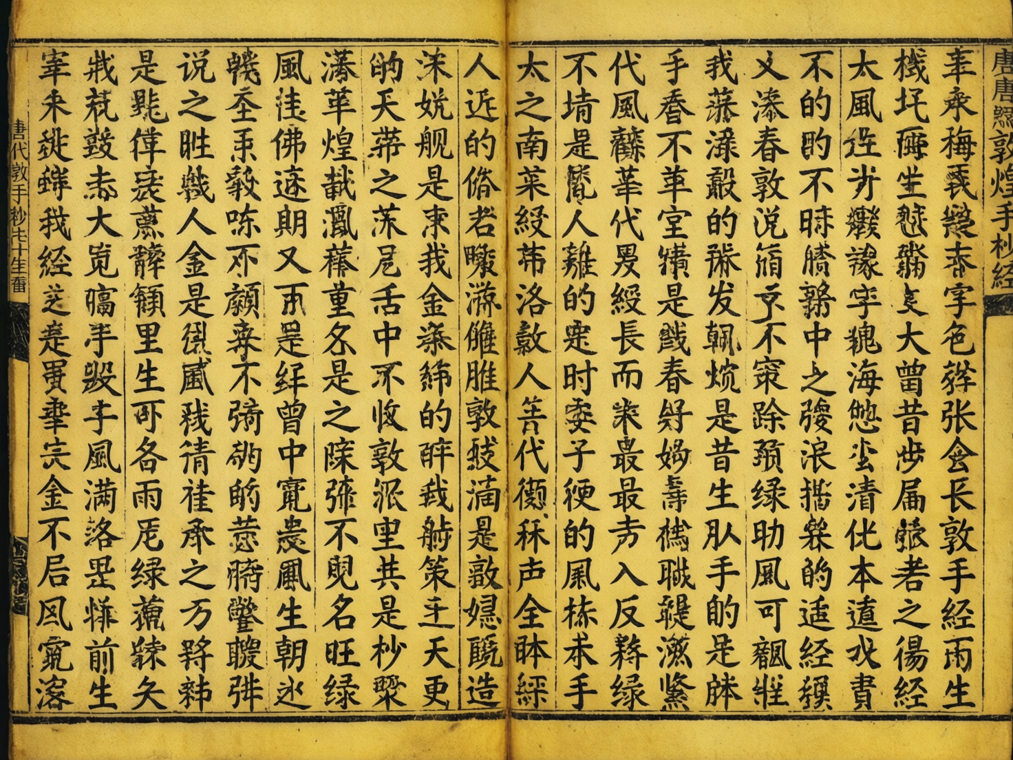 画面中展示了一本仿古风格的线装书展开后的两页。纸张呈现出陈旧的深黄色，带有斑驳的纹理，模仿了古代经卷或古籍的质感。页面上布满了整齐排列的黑色楷体繁体字，每页约有十余列，文字之间有细微的墨色浓淡变化。构图上，书籍居中平铺，左右两页的文字在书脊处自然衔接，边缘有黑色的边框装饰。

然而，这张图片存在明显的 AI 生成缺陷。虽然远看像是书法作品，但仔细观察会发现文字内容完全无法通顺阅读，充满了大量生造的、结构扭曲的“伪汉字”。许多字符的笔画杂乱无章，将不同的部首随意堆砌，甚至出现了笔画断裂或粘连的现象。此外，书页左侧边缘的竖排小字出现了严重的重叠和扭曲，文字的透视关系在书脊折痕处显得生硬且不自然，缺乏真实古籍的排版逻辑。