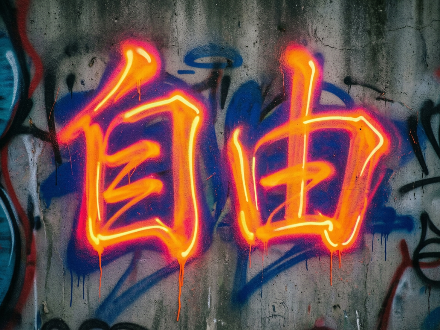 图中展示了一面带有涂鸦艺术的斑驳水泥墙。画面的中心是两个巨大的中文字“自由”，采用了极具视觉冲击力的霓虹发光效果。字体核心呈现明亮的亮黄色，边缘则晕染出强烈的橙红色火光感，仿佛在黑暗中燃烧。文字下方有明显的油漆滴落痕迹，增加了街头艺术的随性感。背景是灰色的粗糙墙面，上面布满了深蓝色和黑色的模糊涂鸦线条，与亮色的文字形成鲜明对比。构图上，文字占据了画面的绝大部分，视角平视。在 AI 生成的细节方面，可以观察到明显的笔画逻辑错误：“自”字的中间部分连接模糊，呈现出不规则的波浪状；“由”字的结构也发生了扭曲，中间的横竖笔画交织混乱，并不符合标准汉字的结构规范，这些都是 AI 在处理复杂汉字笔画时常见的形变缺陷。