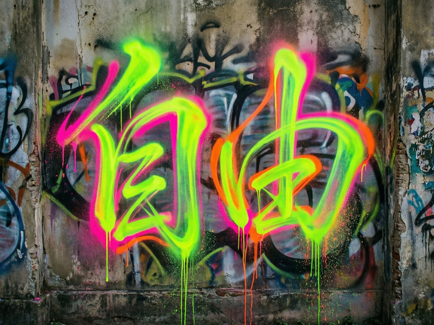 图中展示了一面充满街头艺术风格的斑驳水泥墙，墙上绘有醒目的涂鸦。画面中心是两个巨大的汉字“自由”，采用了极具视觉冲击力的荧光配色。这两个字以亮绿色为主体，边缘勾勒着明艳的粉色和橙色，颜料呈现出自然的流淌滴落状，增加了动感。背景墙面显得陈旧且粗糙，布满了灰暗的旧涂鸦痕迹、裂纹和污渍，与前景鲜艳的荧光色形成了强烈对比。构图上，文字占据了画面中央，整体色调明亮且带有叛逆的艺术气息。作为 AI 生成的图片，画面中存在明显的文字结构缺陷：“自”字的内部横画连接扭曲，笔画逻辑混乱，看起来更像是不规则的线条堆叠；“由”字的结构也发生了形变，左右笔画不对称，且部分笔触与背景的旧涂鸦产生异常融合，缺乏真实书写的连贯性。
