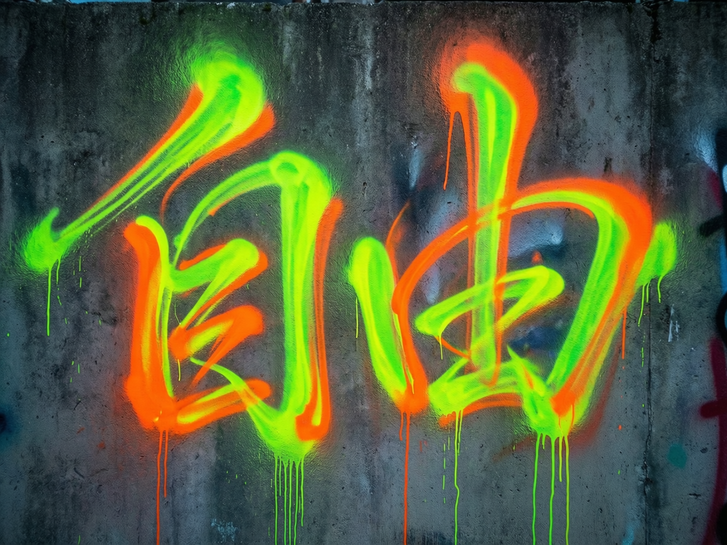 画面中是一张充满街头艺术风格的特写照片，主体是一面斑驳、粗糙的灰色水泥墙，墙上喷涂着醒目的荧光色涂鸦。涂鸦内容疑似为汉字“自由”，采用了亮绿色和鲜橙色的双色叠加，色彩饱和度极高，在阴暗的背景下显得格外耀眼。喷漆呈现出一种流体感，笔画末端有明显的油漆滴落痕迹，增加了画面的视觉冲击力。构图上，这两个字占据了画面的中心位置，光线似乎从正前方打入，使文字边缘带有微弱的光晕感。

然而，作为一张 AI 生成的图片，画面中存在明显的文字结构错误：左侧的“自”字笔画扭曲且多出了一些不符合汉字逻辑的连接，右侧的“由”字则更像是一个由线条拼凑而成的符号，中间的横线与竖线交织混乱，无法构成正确的汉字字形。此外，背景墙面的纹理在边缘处显得有些模糊，缺乏真实水泥的自然随机感。