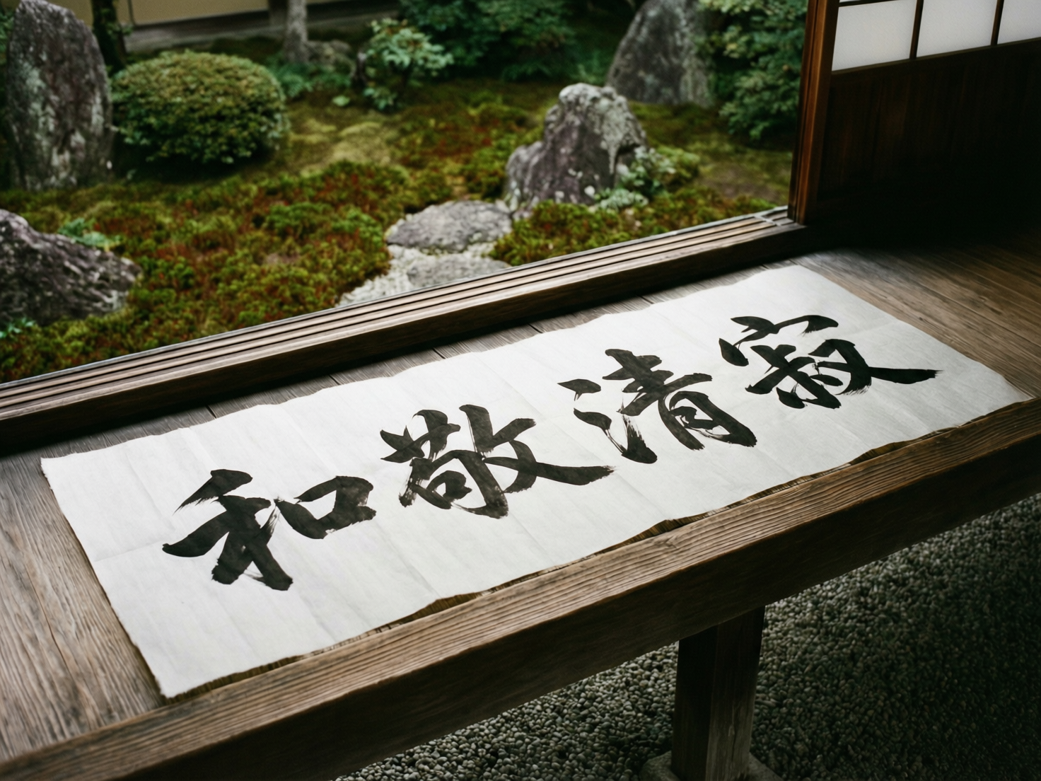 图中展现了一个宁静的日式禅意空间。画面前景是一张质朴的木质长凳，上面铺展着一张长条形的白色宣纸，纸上用黑色毛笔书写着四个大字。背景是通过木质推拉门框看到的日式庭院，院内布满了翠绿的苔藓、错落有致的景观石和修剪整齐的灌木，光线柔和自然。整体色调以木原色、苔藓绿和纸张白为主，构图采用斜向透视，营造出一种清幽恬静的氛围。

然而，画面中存在明显的 AI 生成缺陷：最显著的是宣纸上的书法文字，虽然笔触模仿了水墨效果，但字形结构混乱，并非真实的汉字或日语汉字，属于典型的 AI 乱码文字。此外，木凳下方的支撑结构与地面碎石的衔接处透视略显生硬，宣纸的边缘与木凳边缘的重叠部分也显得不够自然，缺乏真实的物理厚度感。