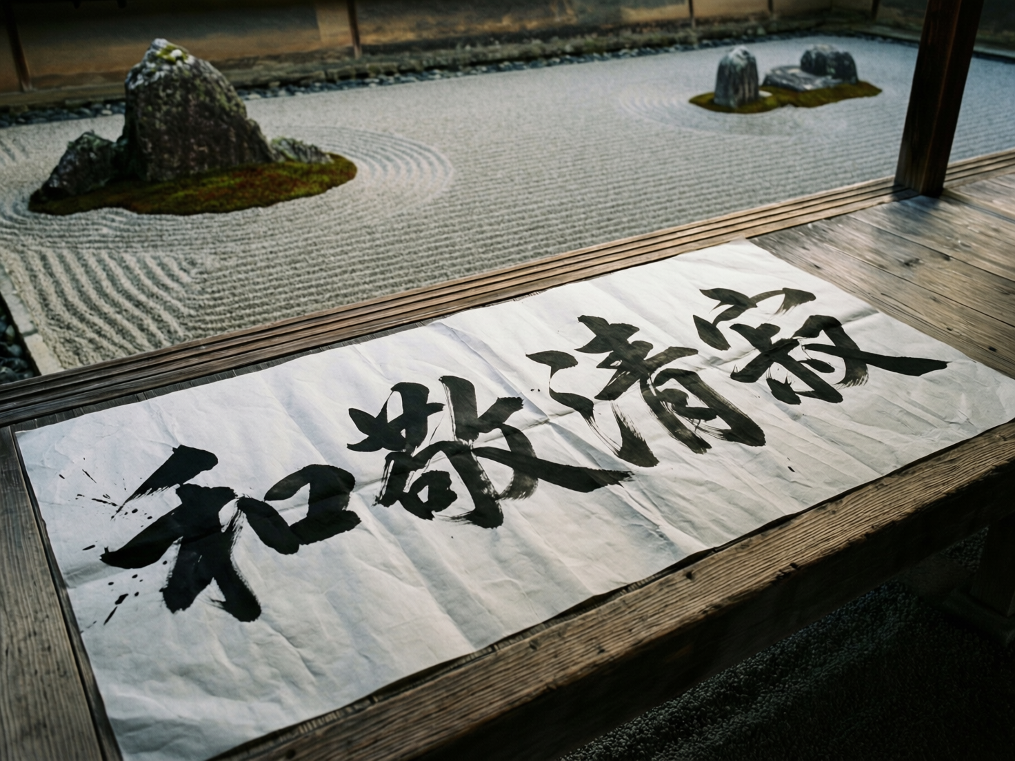 图中展现了一个宁静的日式枯山水庭院场景。画面前景是一条深色的木质走廊，上面铺着一张带有折痕的长条白纸，纸上用黑色毛笔书写着四个大字。背景是精心打理的灰色细砂石地，砂石上耙出了环绕石块的同心圆纹路，几块点缀着绿色苔藓的大石头错落有致地分布其中，整体色调古朴、清冷。

然而，画面中存在明显的 AI 生成缺陷。最显著的问题在于书法文字：虽然看起来像汉字，但字形结构扭曲且不规范，无法辨认出具体的含义，属于典型的 AI 模拟文字错误。此外，白纸与木地板的接触边缘显得有些生硬，缺乏自然的重力垂感。远处的木质围栏和阴影处理也略显模糊，透视关系在细节处不够严谨。尽管氛围营造得很好，但文字的逻辑错误揭示了其人工智能生成的本质。