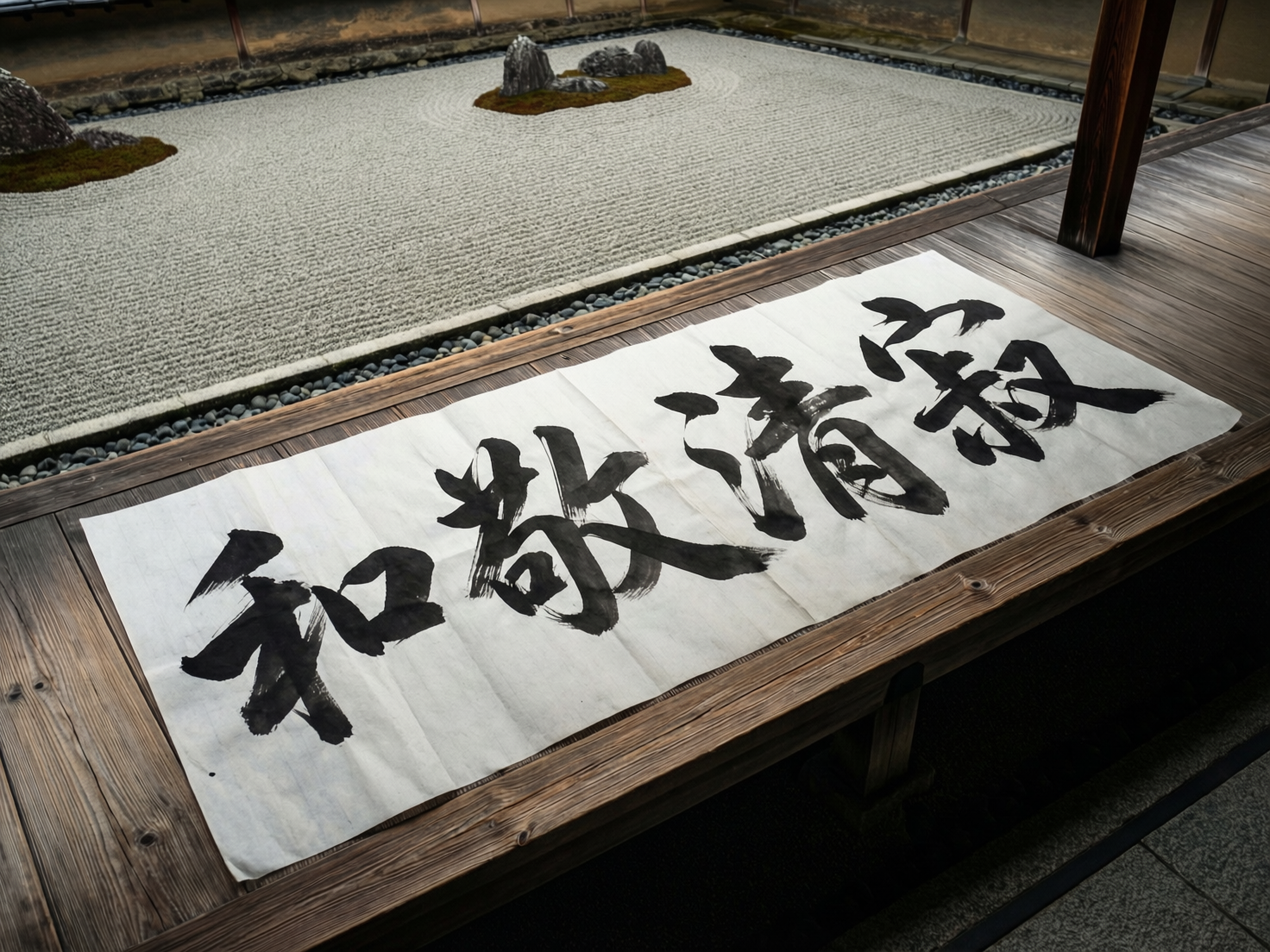 图中展示了一个宁静的日式枯山水庭院场景。画面前景是一条深褐色的木质走廊，上面平铺着一张长方形的白色宣纸，纸上用黑色毛笔书写着四个大字。背景是典型的禅宗庭院，由细密的灰色耙制砂石组成，砂石上点缀着几块带有苔藓的岩石，整体色调以木色、白色和灰色为主，氛围庄重肃穆。然而，画面存在明显的 AI 生成缺陷：最显著的是宣纸上的书法文字，虽然笔触模仿了水墨效果，但字体结构混乱，并非真实的汉字或日语假名，属于典型的 AI 乱码文字。此外，木质走廊的纹理在右侧支柱连接处显得有些生硬，宣纸与木地板的透视衔接也略显不自然，缺乏真实纸张应有的轻微起伏感。