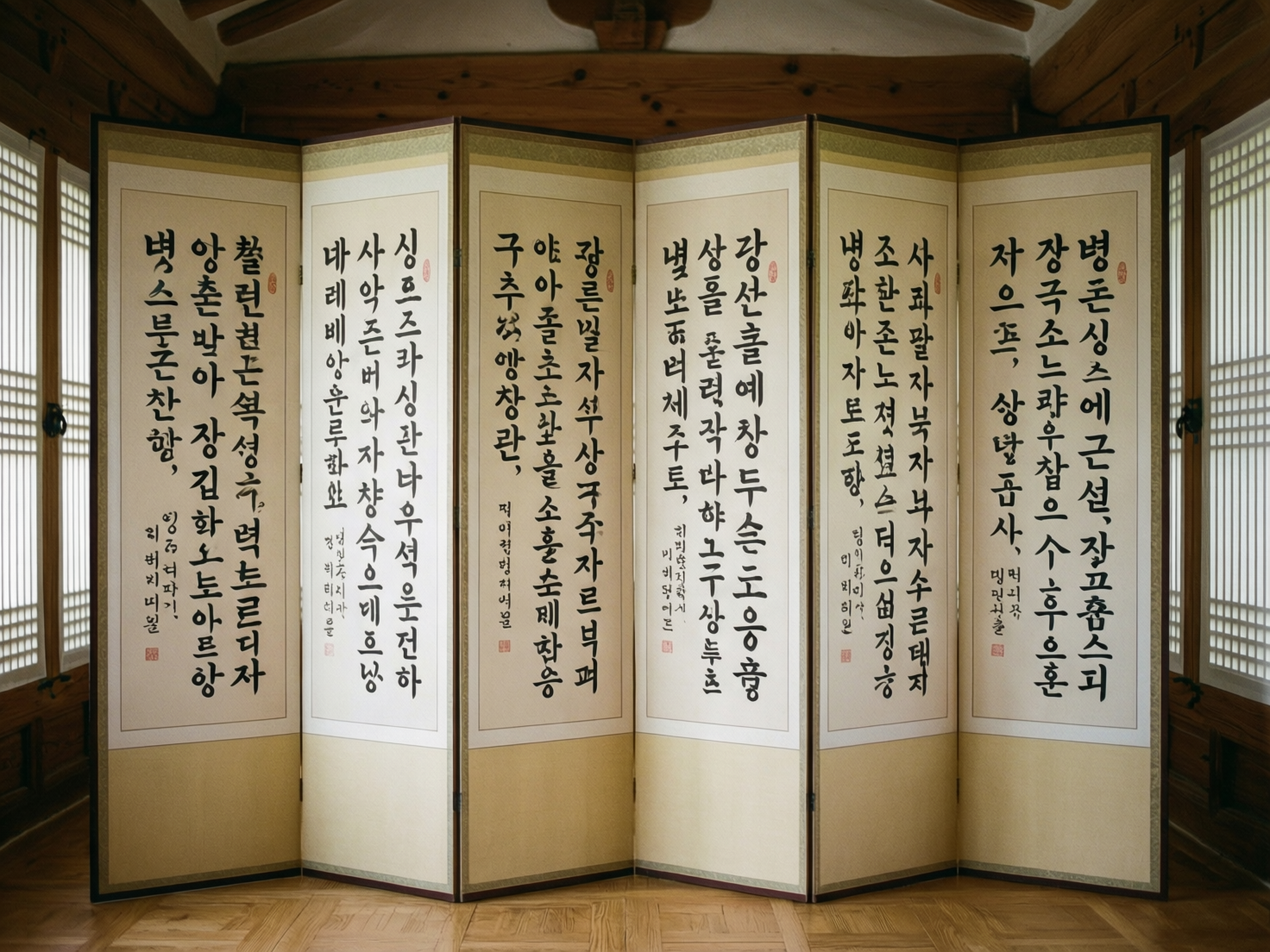 图中展示了一个传统韩式室内场景，中心位置摆放着一副六扇折叠屏风。室内环境古朴，地面为浅色木质地板，两侧隐约可见带有精细格栅的韩式传统窗户，光线柔和地从侧面洒入。屏风的每一扇都裱有米白色的宣纸，上面书写着黑色的韩文书法，字迹工整且带有传统韵味，每幅字迹旁还点缀着红色的印章。屏风的边框为深色木质，上下边缘装饰有淡金色的绫布。

然而，画面中存在明显的 AI 生成缺陷：最显著的问题在于屏风上的韩文字符，虽然看起来像韩文，但仔细观察会发现许多字形是扭曲、破碎或随机组合的，并不具备实际的语言含义。此外，屏风底部与地板接触的阴影处理不够自然，部分扇面的透视角度在折叠处显得有些生硬。左侧窗户的格栅线条在边缘处略显模糊，与整体写实的木纹质感不完全匹配。