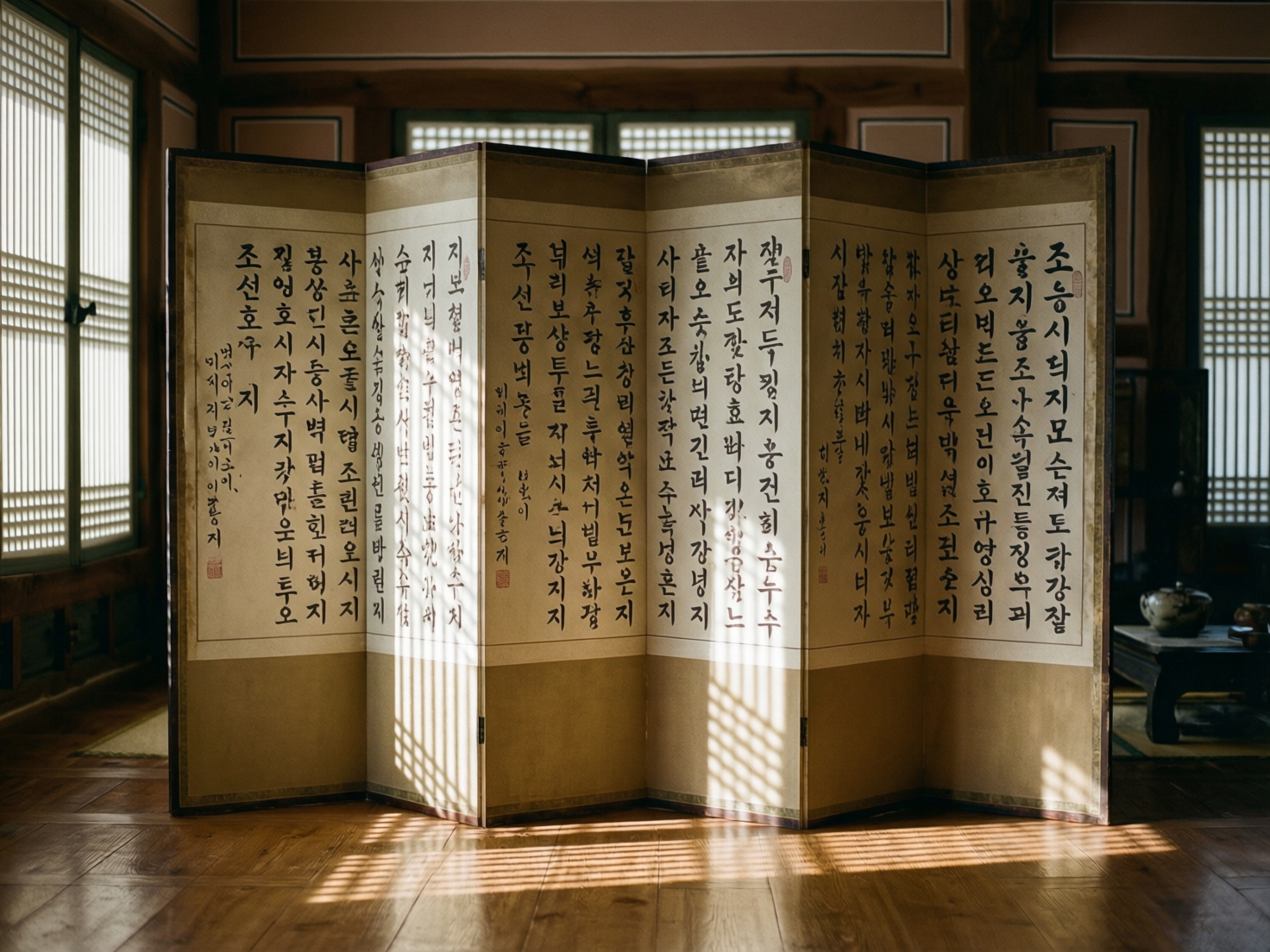画面中展示了一个古色古香的室内场景，视觉中心是一扇六折的韩式传统屏风。屏风立在深色的木质地板上，每扇屏面上都写满了黑色的韩文书法，并盖有红色的印章。柔和的阳光穿过左侧的格子窗，将细长的阴影投射在屏风和地板上，营造出宁静、典雅的氛围。背景隐约可见传统的韩屋建筑结构，右侧角落摆放着低矮的小木桌。在 AI 生成的细节方面，屏风上的韩文字符存在明显的逻辑错误，许多笔画扭曲且无法识别，并非真实的文字。此外，屏风折痕处的透视略显生硬，左侧窗户投射的光影与屏风表面的物理转折衔接得不够自然，部分文字在阴影中出现了模糊和断裂的现象。