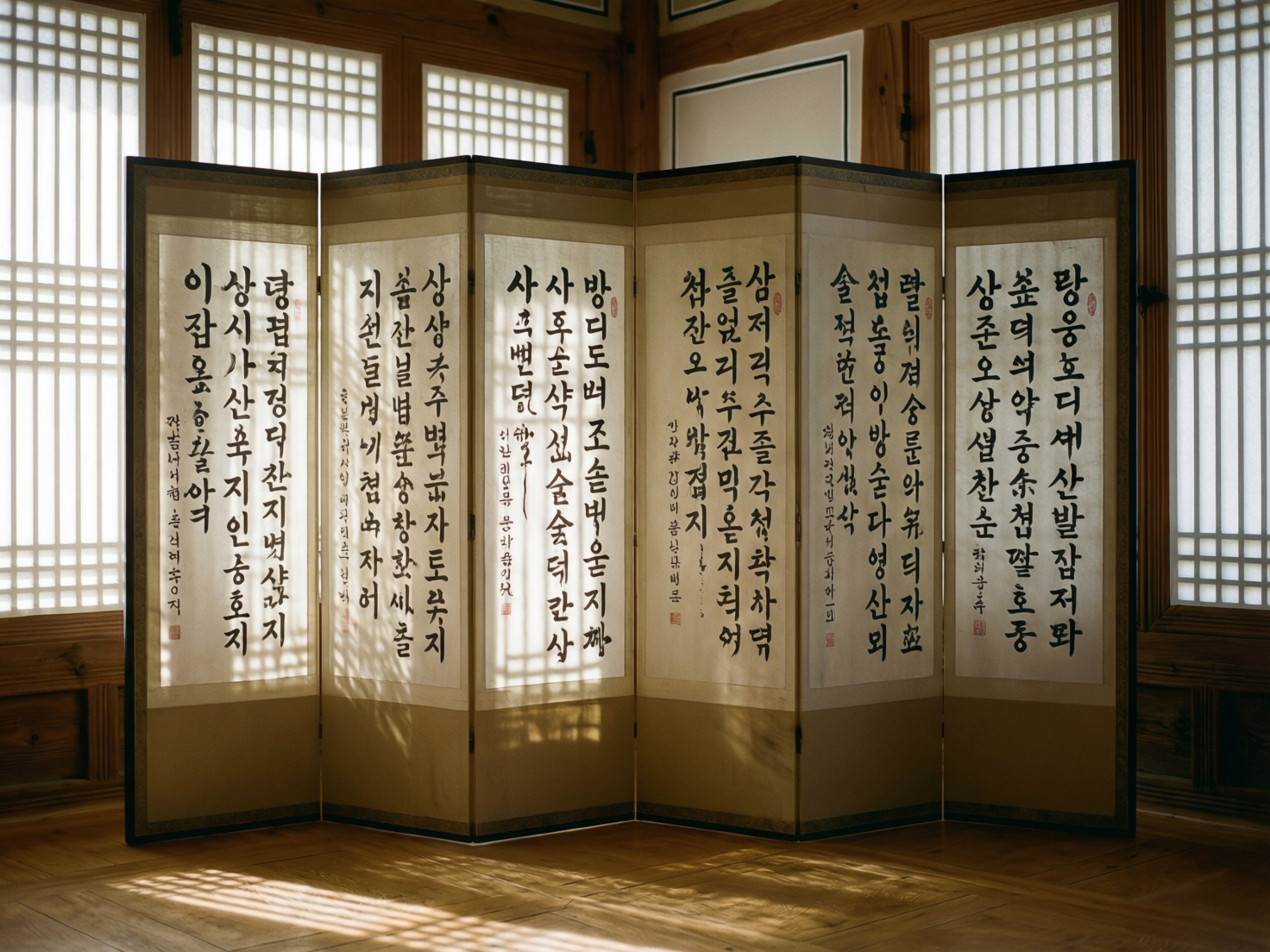 画面中展示了一个充满传统韵味的室内场景，主体是一扇六折的韩式书法屏风。屏风立在浅色的木质地板上，背景是带有白色格纹纸窗的木制拉门，阳光透过窗格洒下斑驳的阴影。屏风的每一扇都裱有白色的宣纸，上面写满了黑色的韩文书法，并盖有红色的印章。整体色调以温暖的木色、米白色和深棕色为主，营造出宁静、古朴的氛围。

然而，作为一张 AI 生成的图片，画面存在明显的逻辑缺陷。最显著的问题在于屏风上的韩文字符，虽然看起来像书法，但仔细观察会发现许多笔画扭曲、结构错误，并非真实的韩文词汇，而是随机生成的形似文字的符号。此外，屏风底部的光影投射与窗格的形状并不完全吻合，且屏风折叠的物理透视在地面接触点显得有些生硬，缺乏真实的重力感。屏风边缘的黑色边框在某些连接处也出现了线条模糊和重叠的现象。
