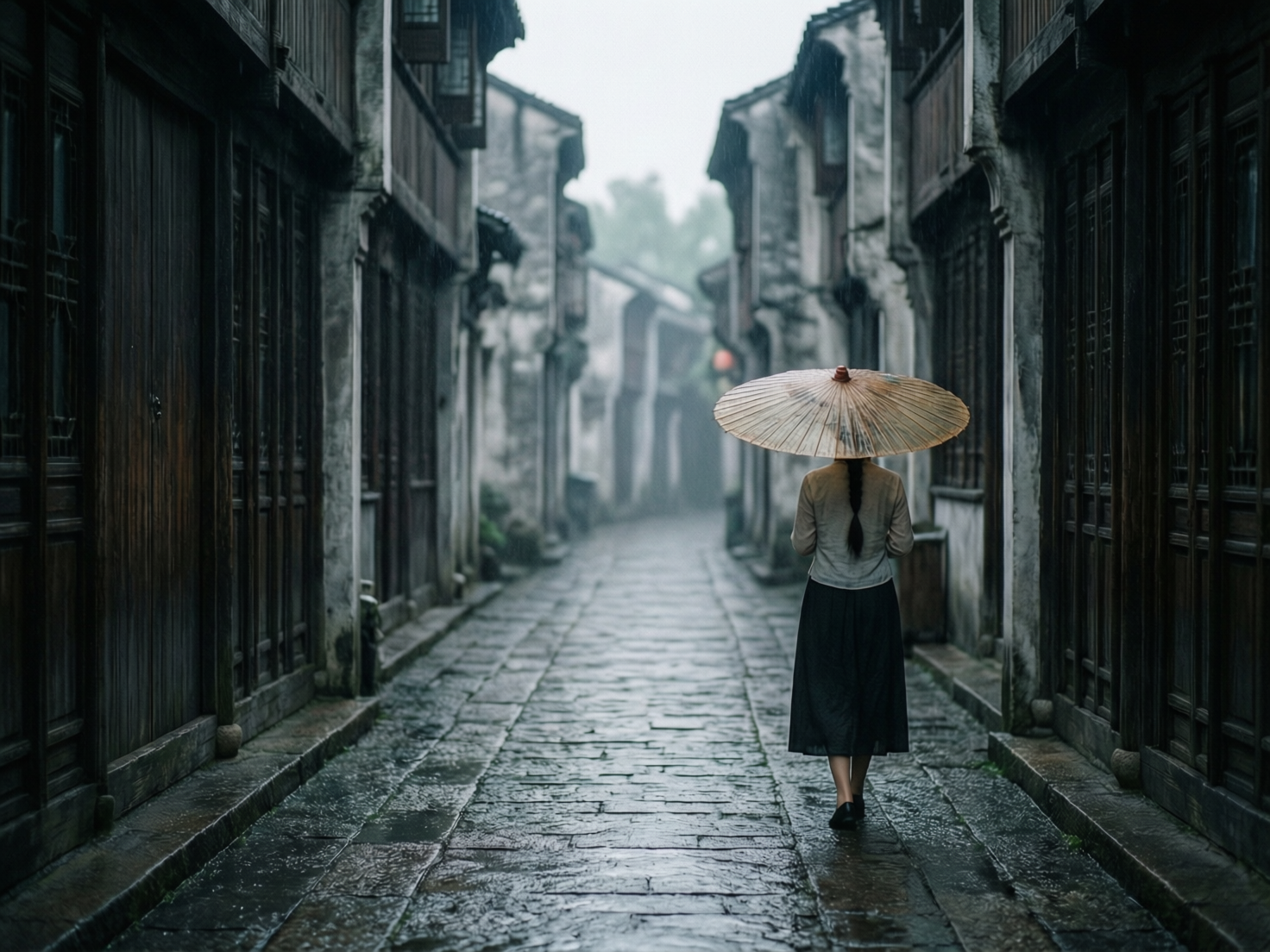图中展现了一个充满江南韵味的雨天场景。画面中心是一位背对镜头的女性，她扎着长长的黑色单马尾辫，身穿浅灰色中式上衣和黑色长裙，正撑着一把古朴的土黄色油纸伞，独自走在悠长的青石板巷弄中。巷子两侧是古色古香的木质建筑，深色的门窗和斑驳的墙壁在细雨中显得湿润而静谧。色调以沉稳的灰、黑、棕色为主，营造出一种忧郁而诗意的氛围。

作为 AI 生成的图片，画面存在一些明显的逻辑缺陷：最显著的是人物的持伞方式，画面中看不见人物的手部或支撑伞柄的动作，油纸伞仿佛悬浮在人物肩头，缺乏合理的物理支撑。此外，远处的建筑细节显得有些模糊和扭曲，左侧建筑的木门纹理在透视上略显生硬。尽管如此，整幅画作依然成功捕捉到了烟雨江南的朦胧美感。