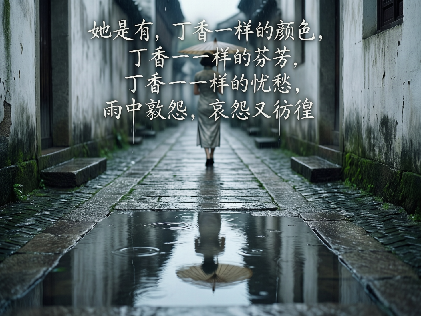 图中展现了一个充满诗意的江南雨巷场景。画面中心是一位身着浅灰色旗袍、手持油纸伞的女子背影，她正独自走在狭窄的青石板小巷中。巷子两旁是斑驳的白墙，墙根长满了翠绿的苔藓，地面因雨水冲刷而显得湿润发亮。前景处有一滩积水，清晰地倒映出女子的身影和伞的轮廓，水面上还有点点雨滴激起的涟漪。画面上方覆盖着白色的书法字体，引用了戴望舒《雨巷》中的经典诗句。整体色调偏冷、偏暗，营造出一种忧郁而宁静的氛围。在 AI 生成的细节方面，存在明显的逻辑缺陷：画面上方的文字出现了严重的重复和错误，如“丁香一一一样”的叠词异常；此外，女子在水中的倒影与其实际位置的透视关系不够严谨，倒影显得过于完整且垂直，与拍摄角度略有偏差。