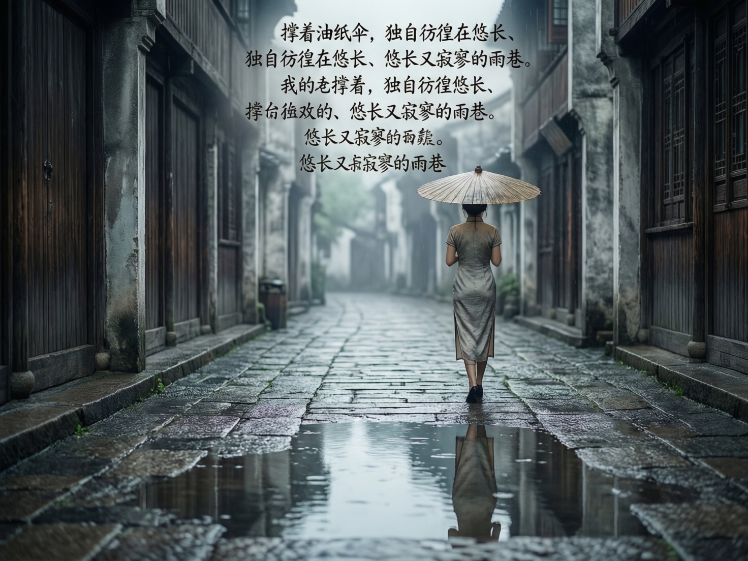 画面中展现了一个充满怀旧气息的江南雨巷场景。一位身着浅灰色旗袍的女性正背对着镜头，撑着一把淡黄色的油纸伞，独自走在湿漉漉的青石板路上。街道两旁是古朴的木质建筑和白墙黑瓦，远景在烟雨中显得模糊。地面的积水倒映出女子的身影，整体色调偏向冷灰与暗棕，营造出一种忧郁而悠长的氛围。画面上方叠加了多行黑色繁体及简体混合的文字，内容模仿戴望舒的诗作《雨巷》。

作为一张 AI 生成的图片，画面存在明显的逻辑与细节缺陷：最显著的是文字部分，出现了大量重复、乱码和语序错误，如“我的老撑着”、“撑合独欢的”以及最后两行意义不明的重叠字迹；人物的右手似乎直接消失在伞柄位置，左手姿态也略显僵硬；此外，伞柄的透视关系与女子的握持姿势并不协调，伞面纹理在边缘处显得有些模糊变形。