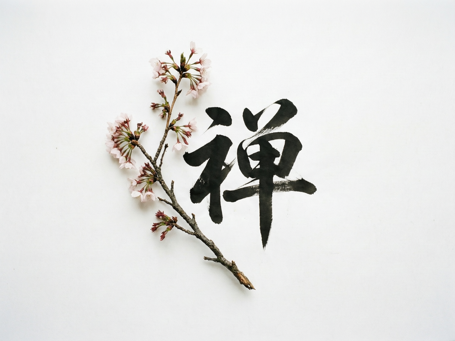 图中展示了一个极简主义风格的构图，背景为纯净的白色。画面中央偏右的位置是一个巨大的黑色毛笔书法汉字“禅”，笔触苍劲有力，带有明显的飞白效果。在字的左侧，斜插着一支盛开的樱花枝条，花瓣呈现出淡淡的粉白色，花蕊和花苞则带有深红和嫩绿的点缀。整体色调清新淡雅，营造出一种宁静、深远的禅意氛围。在 AI 生成的细节方面，可以观察到一些逻辑异常：樱花枝条的生长结构略显杂乱，部分花朵与细枝的连接处显得不够自然，像是直接粘贴在主干上；此外，书法字“禅”的结构虽然可辨，但左侧“示字旁”的最后一笔与右侧“单”字的衔接处存在不符合常规书写逻辑的墨迹重叠。尽管如此，画面在视觉上依然保持了高度的平衡感。