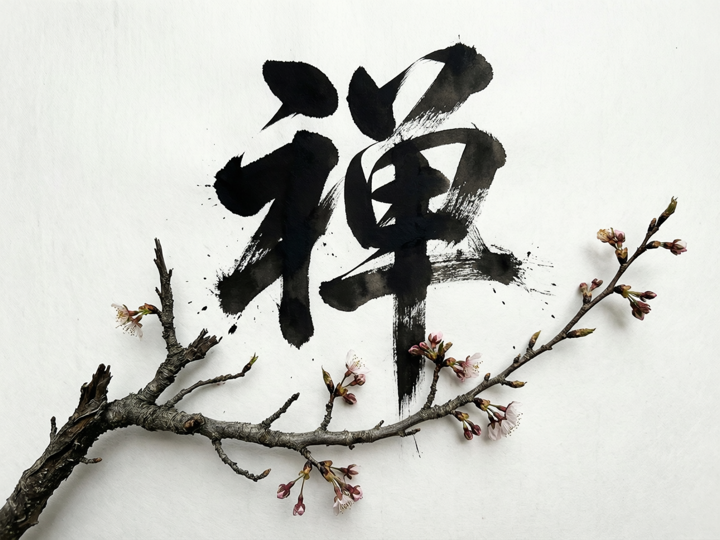图中展示了一幅结合了中国书法与实物元素的艺术作品，整体背景为带有细微纹理的米白色宣纸。画面中心是一个巨大的黑色毛笔书法汉字“禅”，字体风格苍劲有力，带有明显的飞白效果和墨汁喷溅的痕迹，展现出一种动态的禅意美感。在汉字的下方，横卧着一支写实的梅花或樱花枝条，枝干呈深褐色，苍劲曲折，上面点缀着几朵淡粉色的小花和深红色的花苞。构图简洁大方，冷峻的黑白书法与柔美的花枝形成了鲜明对比。

画面中存在明显的 AI 生成缺陷：首先，书法汉字“禅”的结构并不标准，左侧的“示字旁”与右侧的“单”字部分发生了不自然的扭曲和重叠，笔画逻辑混乱，无法作为真实的汉字书写。其次，下方的花枝与背景的融合显得生硬，部分细小的枝杈在末端突然消失或呈现出模糊的重影，且花朵的生长位置与枝干的连接处缺乏自然的解剖结构，带有明显的算法合成痕迹。