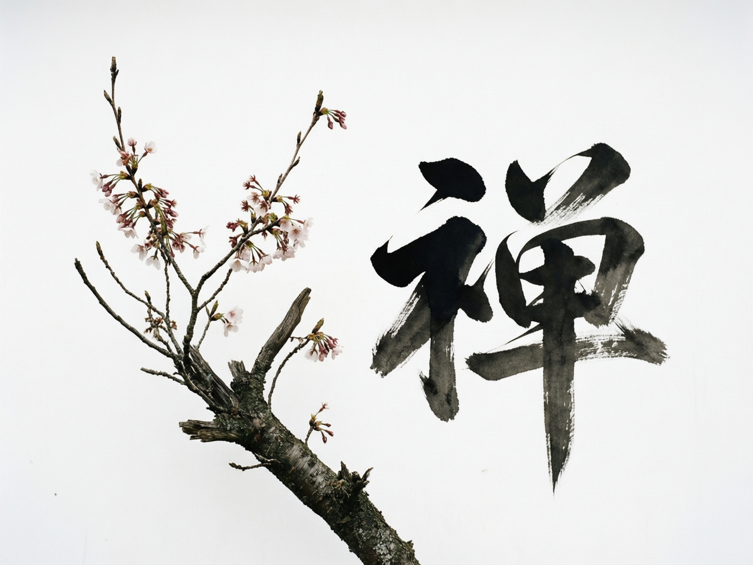 图中展示了一幅结合了自然实景与书法艺术的极简风格作品。画面背景为纯净的白色，左侧是一枝从底部向上延伸的樱花树干，树皮纹理粗糙且写实，枝头点缀着淡粉色的小花和深红色的花苞，呈现出春意萌动的生机。画面右侧是一个巨大的黑色毛笔书法汉字“禅”，笔触苍劲有力，带有明显的飞白效果，墨色浓淡相间。构图上左轻右重，形成了一种宁静、深远的意境。然而，作为 AI 生成的图像，画面存在明显的逻辑缺陷：左侧樱花枝干的生长形态极不自然，主干在中间位置突然断裂并呈现出参差不齐的木质纹理，仿佛被生生折断，但细小的花枝却违背重力感地从断裂处及树干侧面突兀地长出。此外，右侧的“禅”字在结构上也有所偏离，其左侧的“示字旁”多出了一处不规则的墨迹连接，不符合传统书法的严谨笔画。