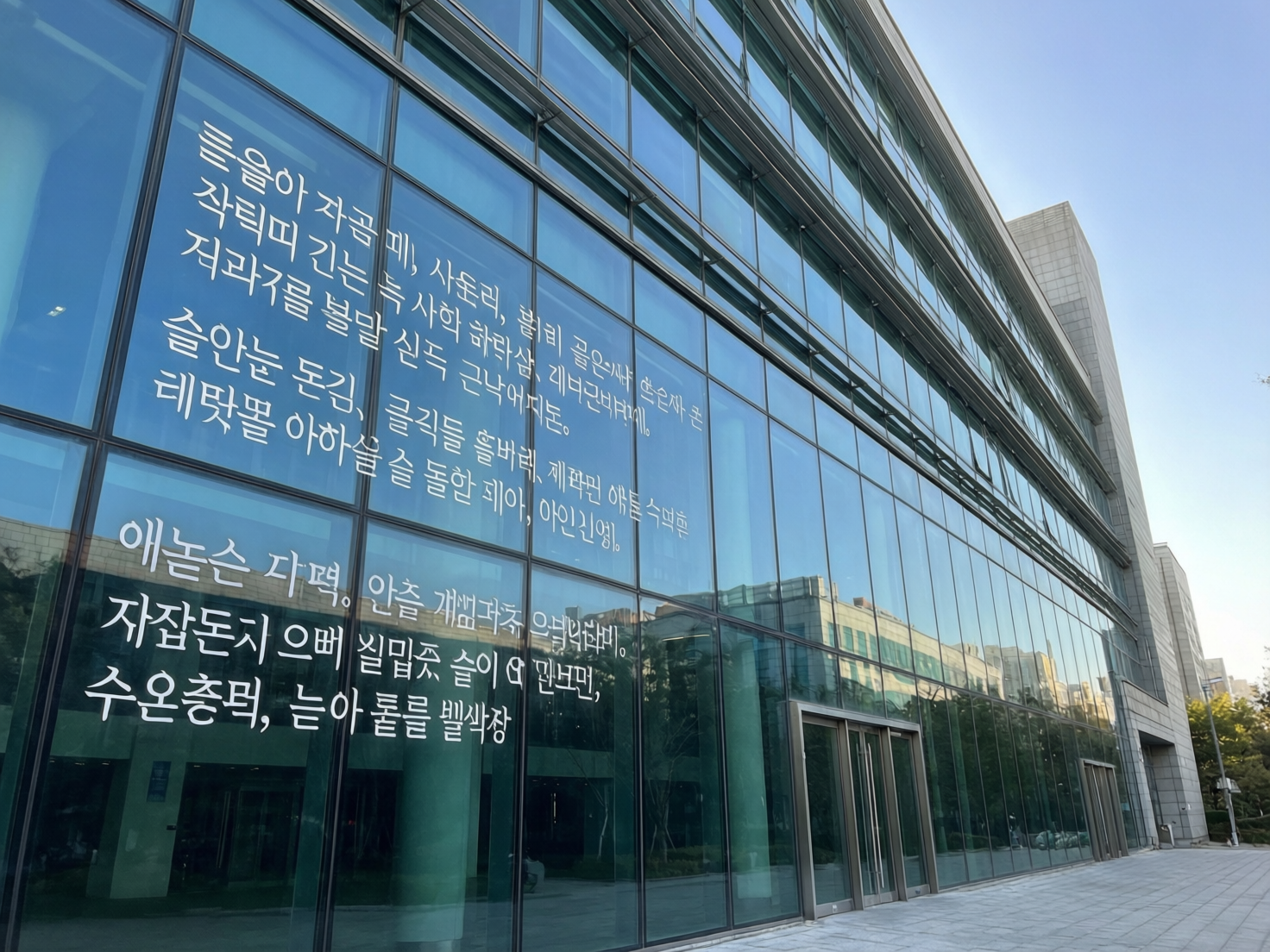 图中展示了一座现代化的多层办公建筑，其外墙由大面积的青蓝色玻璃幕墙组成，反射着清澈的蓝天和周围建筑的倒影。构图采用了仰视的透视角度，建筑线条向右上方延伸。最引人注目的是玻璃幕墙上印有大量白色的韩文字符，这些文字分段排列，占据了画面左侧的大部分空间。

然而，这张图片存在明显的 AI 生成缺陷。首先，玻璃上的韩文内容逻辑混乱，许多字符是随机拼凑的伪造文字，并不具备实际意义。其次，文字的透视关系与倾斜的玻璃平面不完全吻合，看起来像是生硬地贴在表面。在建筑细节上，右侧远处的墙体纹理模糊且结构衔接生硬，玻璃内部隐约可见的支撑柱形状扭曲，缺乏真实建筑的物理合理性。整体光影虽然柔和，但文字与玻璃反射之间的遮挡关系处理得不够自然。