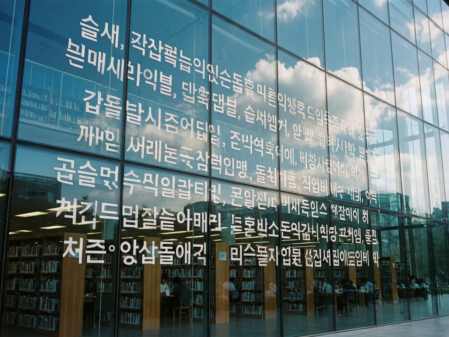 画面中展示了一座现代化图书馆的巨大玻璃幕墙。玻璃上贴满了白色的韩文字体，占据了画面的主要视觉中心。透过透明的玻璃，可以看到室内整齐排列的木质书架和正在阅读的人影，而玻璃表面则反射着室外湛蓝的天空和洁白的云朵，形成了一种虚实交错的视觉效果。构图上采用斜侧视角，强调了建筑的延伸感和通透感，色调清新自然。

然而，这张图片存在明显的 AI 生成缺陷：首先，玻璃上的韩文字符虽然看起来工整，但大多是随机组合的乱码，并不具备实际的语义逻辑，部分笔画出现了扭曲和重叠。其次，玻璃反射的云朵分布与室内的灯光布局在透视关系上略显生硬。最明显的是，室内书架上的书籍细节模糊，部分书架的线条与玻璃框架的交汇处出现了结构性的断裂和透视错位，显示出 AI 在处理复杂反射与透明重叠场景时的局限性。