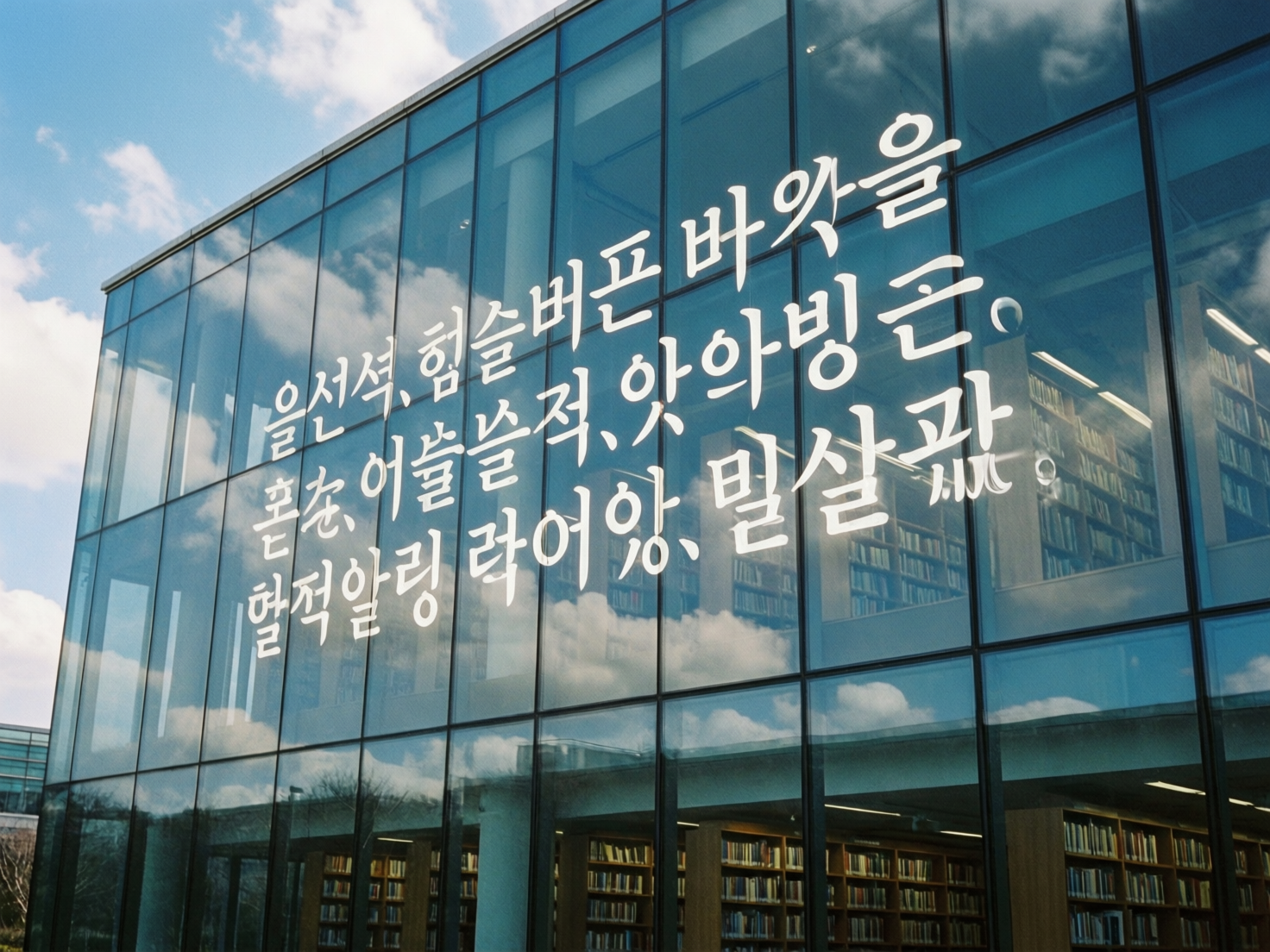 图中展示了一座现代化的玻璃幕墙建筑，从低角度仰拍，背景是晴朗的蓝天和几朵白云。玻璃外墙由许多矩形的玻璃面板拼接而成，清晰地反射出天空的云朵，并透视出室内整齐排列的书架，暗示这可能是一座图书馆。画面中心最醒目的元素是印在玻璃上的三行白色韩文风格字体，字迹圆润。然而，作为一张 AI 生成的图片，画面存在明显的逻辑缺陷：玻璃上的韩文字符并非真实的韩语，而是由扭曲、无意义的笔画拼凑而成的“乱码”，部分字符甚至出现了重影和笔画断裂。此外，玻璃反射出的云层与背景天空的云朵在透视衔接上略显生硬，室内书架的线条在穿过玻璃框架时也存在轻微的错位。整体色调清新自然，以蓝色、白色和玻璃的青色为主。