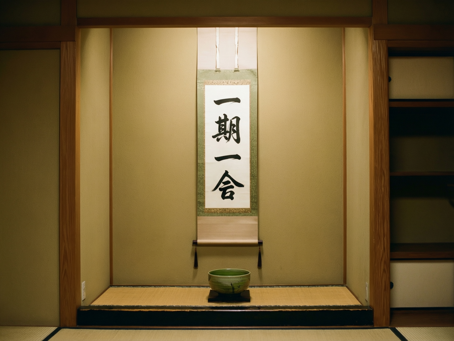 图中展示了一个充满禅意的日式茶室壁龛（床之间）。画面中心悬挂着一幅竖式卷轴，上面用黑色书法字体写着“一期一会”四个大字，字迹苍劲有力。卷轴下方正对着一个放置在黑色木托上的青绿色茶碗，色泽温润。整个空间以淡雅的米黄色和浅棕色为主调，光线从上方柔和地打在卷轴上，营造出宁静肃穆的氛围。壁龛两侧由木质立柱界定，底部铺着草编的榻榻米。在 AI 生成的细节方面，可以观察到一些明显的逻辑缺陷：卷轴顶部的挂绳呈现出不自然的双重分叉，且与墙面的连接点模糊不清；壁龛左下角和右下角出现了类似现代电源插座的白色方块，这与传统茶室的古朴风格极不协调；此外，右侧架子的阴影处理略显生硬，缺乏真实的透视深度。