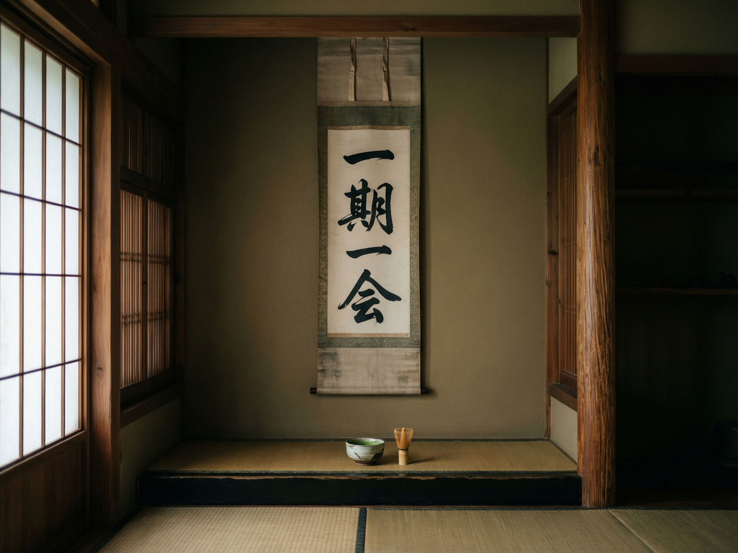 图中展示了一个宁静的日式茶室内部场景。画面中央是一个壁龛，墙上悬挂着一副竖向的卷轴，上面用黑色书法写着“一期一会”四个大字，字迹苍劲有力。壁龛下方的木质平台上，摆放着一个青绿色的茶碗和一个竹制的茶筅，呈现出禅意的茶道氛围。室内铺着榻榻米，左侧是透光的障子纸窗，柔和的自然光从侧面洒入，营造出明暗对比的静谧感。整体色调以原木色、米色和灰绿色为主，给人以古朴雅致的视觉感受。在 AI 生成的细节方面，画面中存在一些逻辑缺陷：卷轴上方的挂绳结构显得有些模糊且不对称，与真实的悬挂方式略有出入；右侧木柱的纹理在阴影处显得不够自然，且右侧背景的暗部空间结构模糊，缺乏明确的深度感。此外，茶筅的细节略显简化，边缘线条不够锐利。